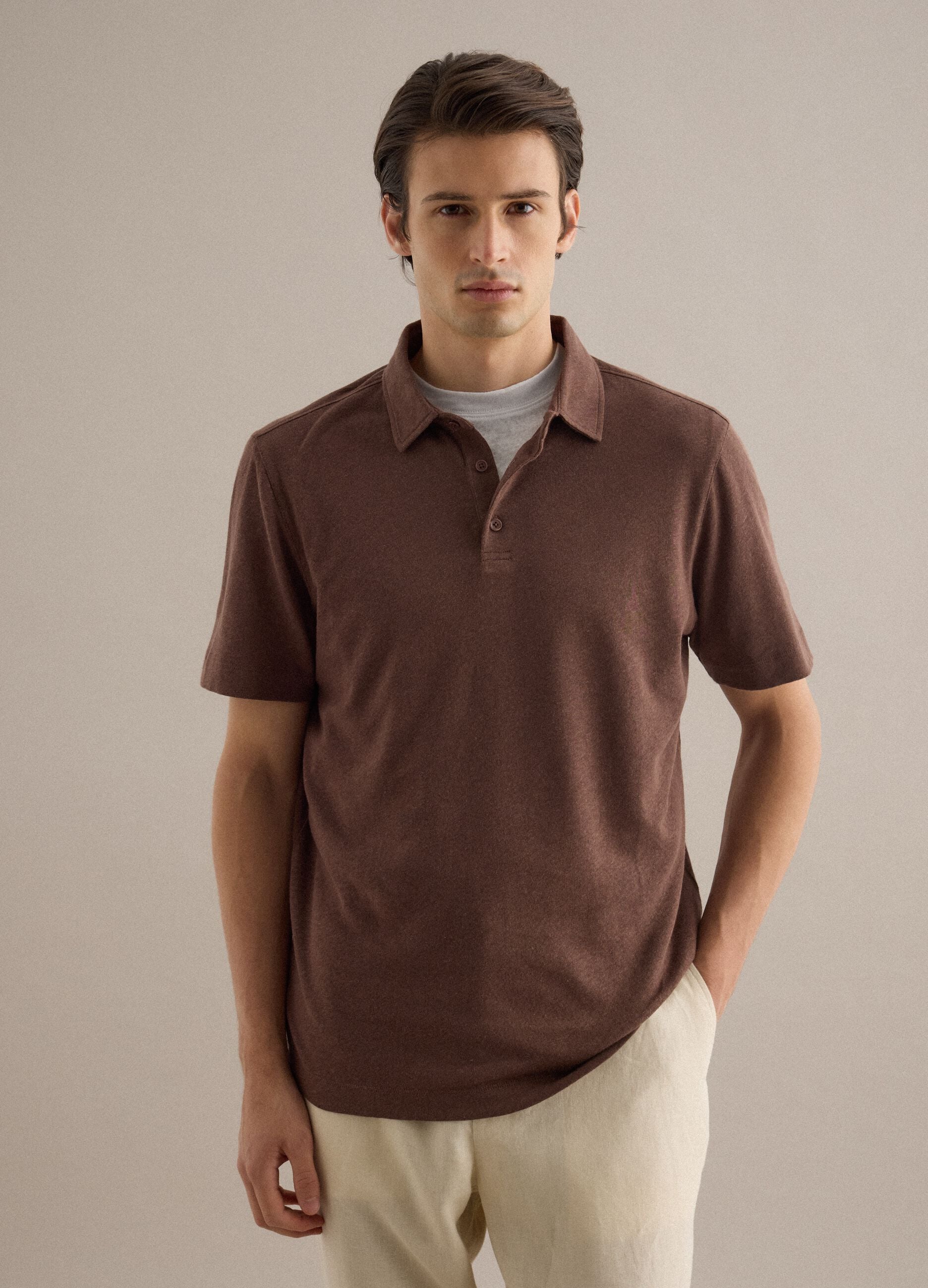 Brown linen and cotton blend regular fit polo