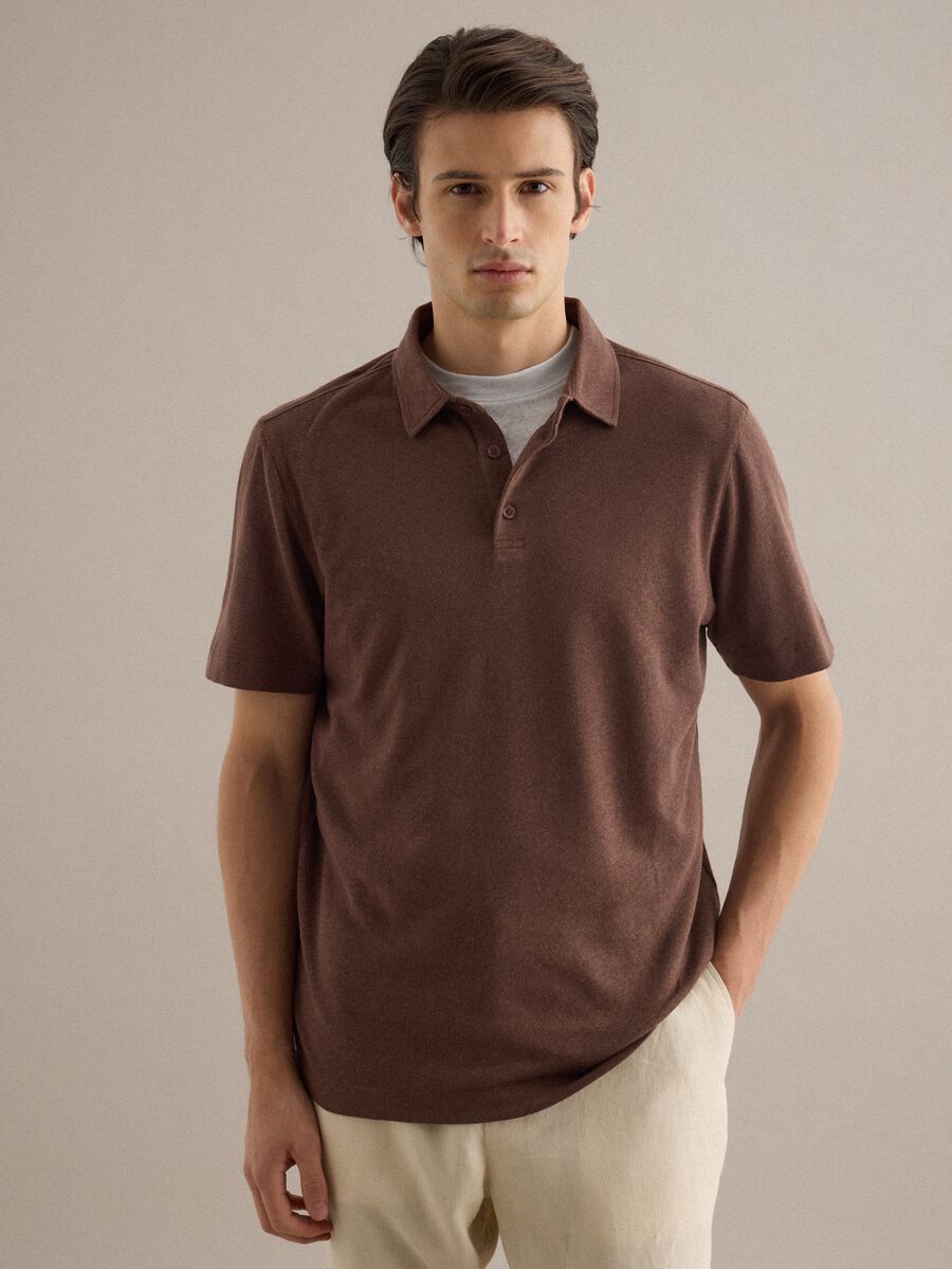 Brown linen and cotton blend regular fit polo_0