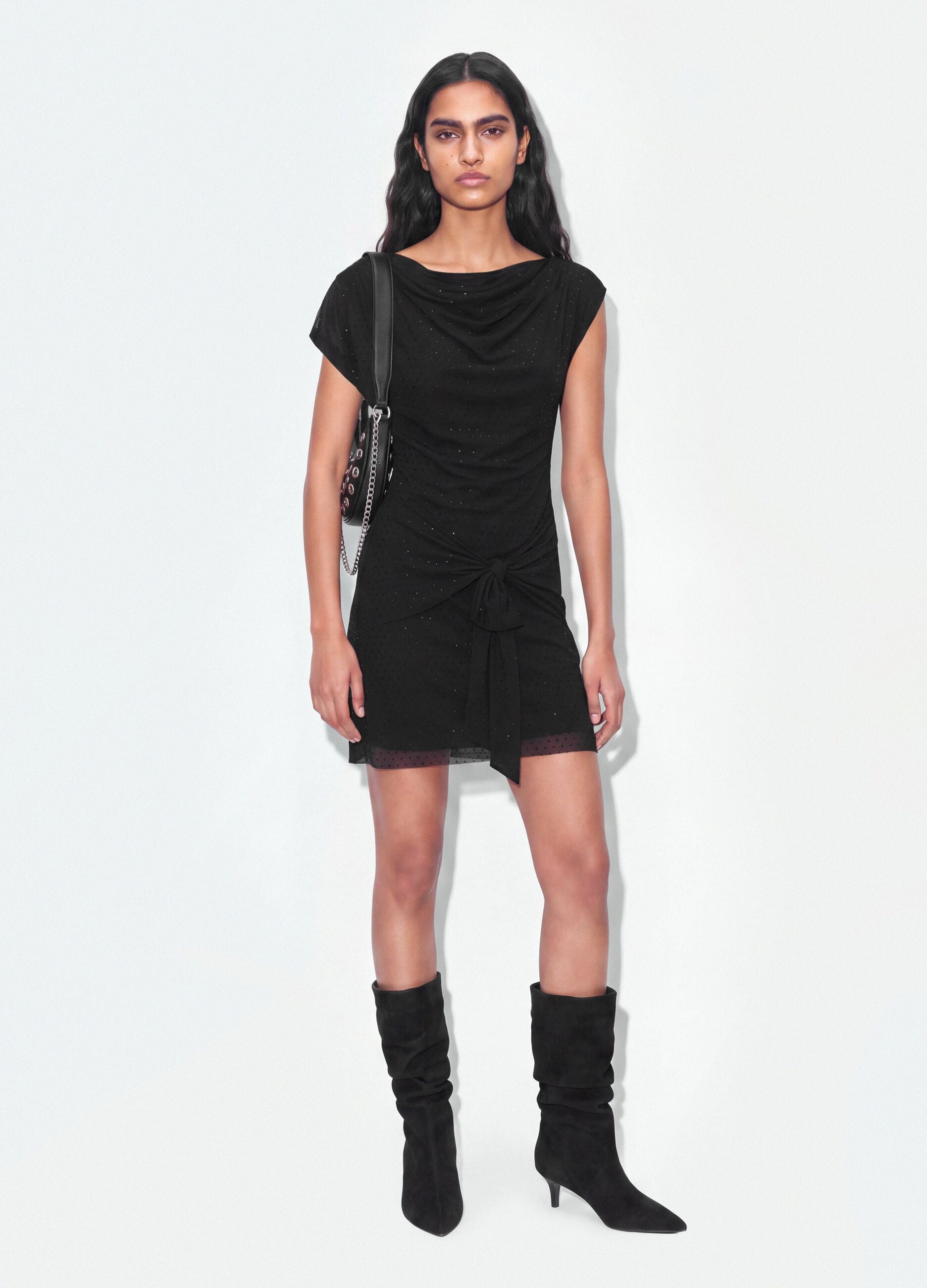 Black stretch dress with draped detail, regular fit