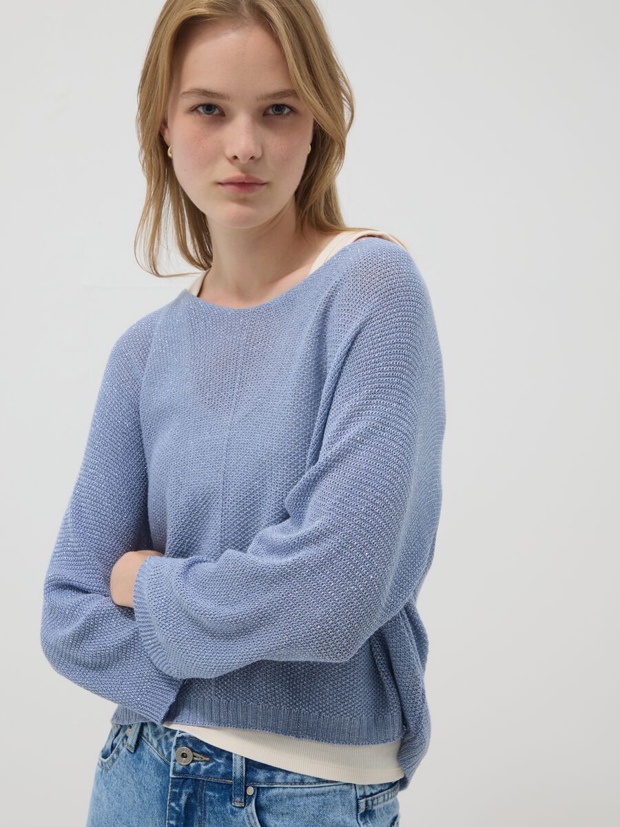 Light blue viscose and linen blend V-neck jumper_1