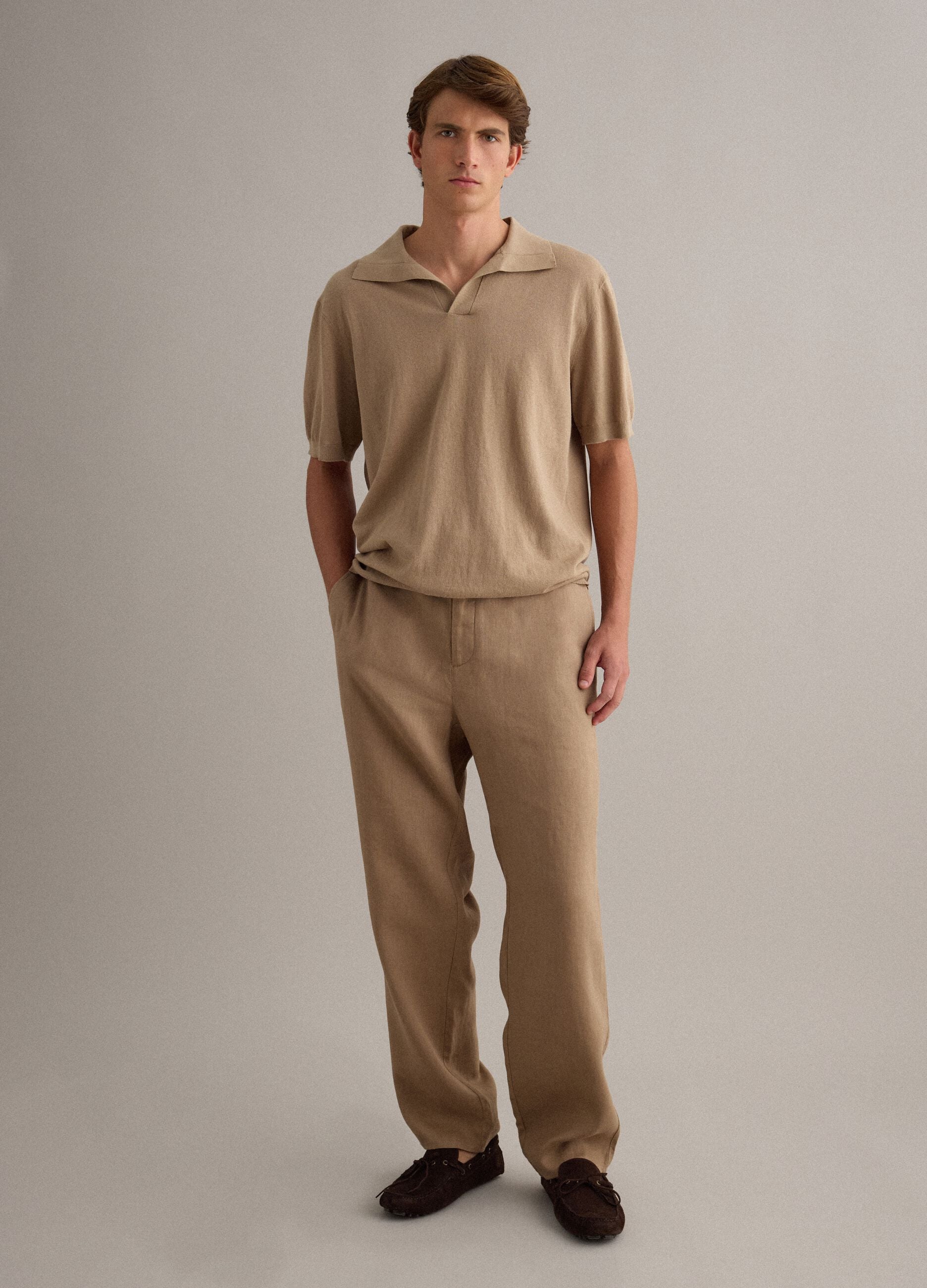 Beige short-sleeve pure cotton polo shirt, regular fit