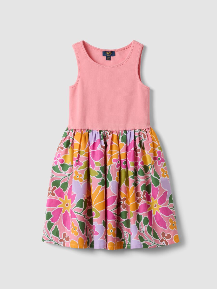Pink stretch cotton dress with floral print skirt_0