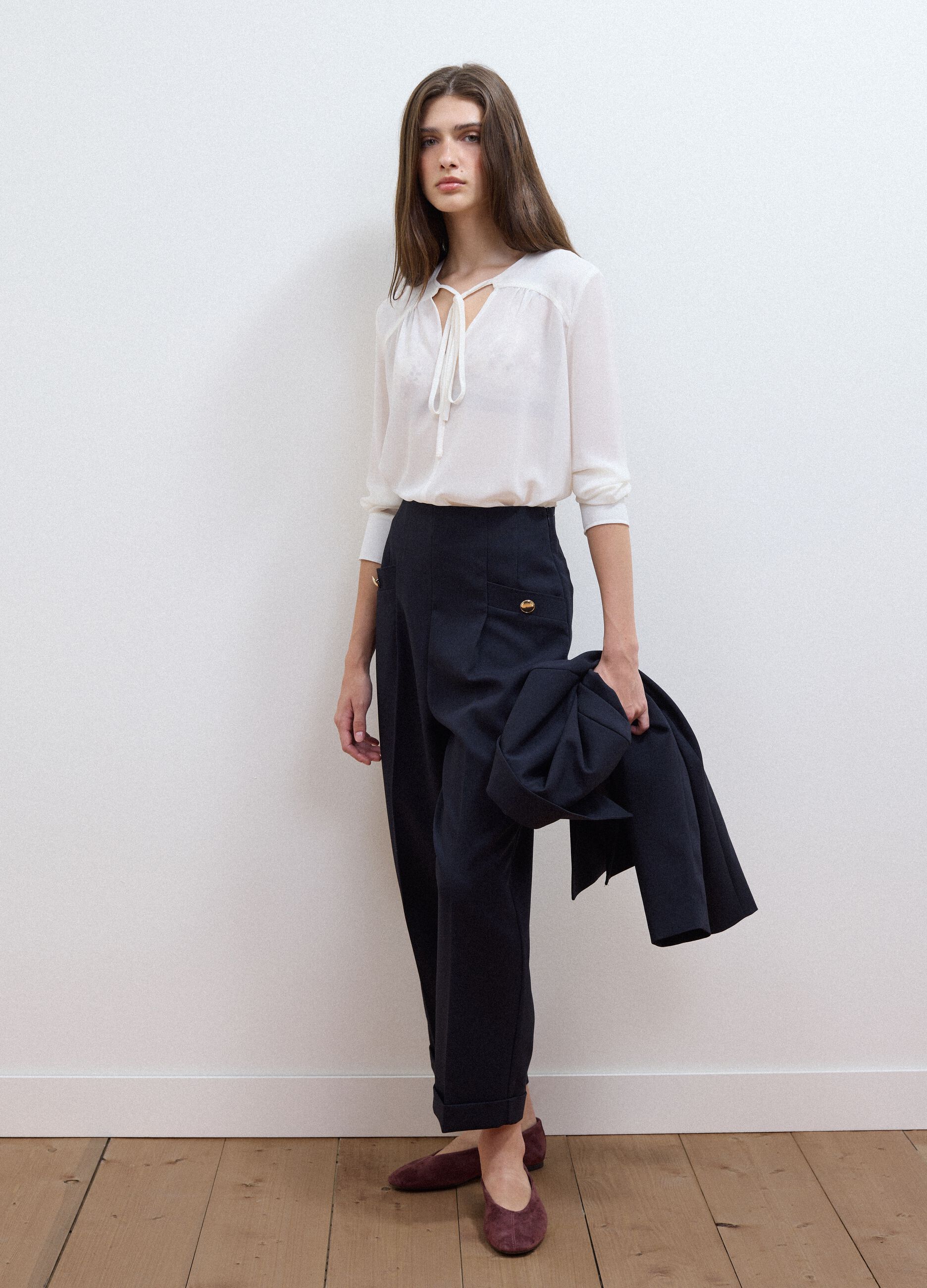 White regular-fit blouse with V-neck and tie detail
