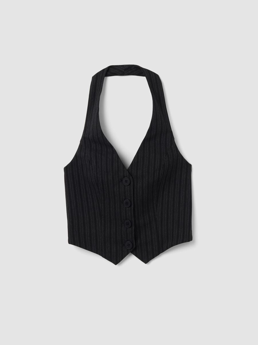 Black cropped vest in stretch striped viscose_4