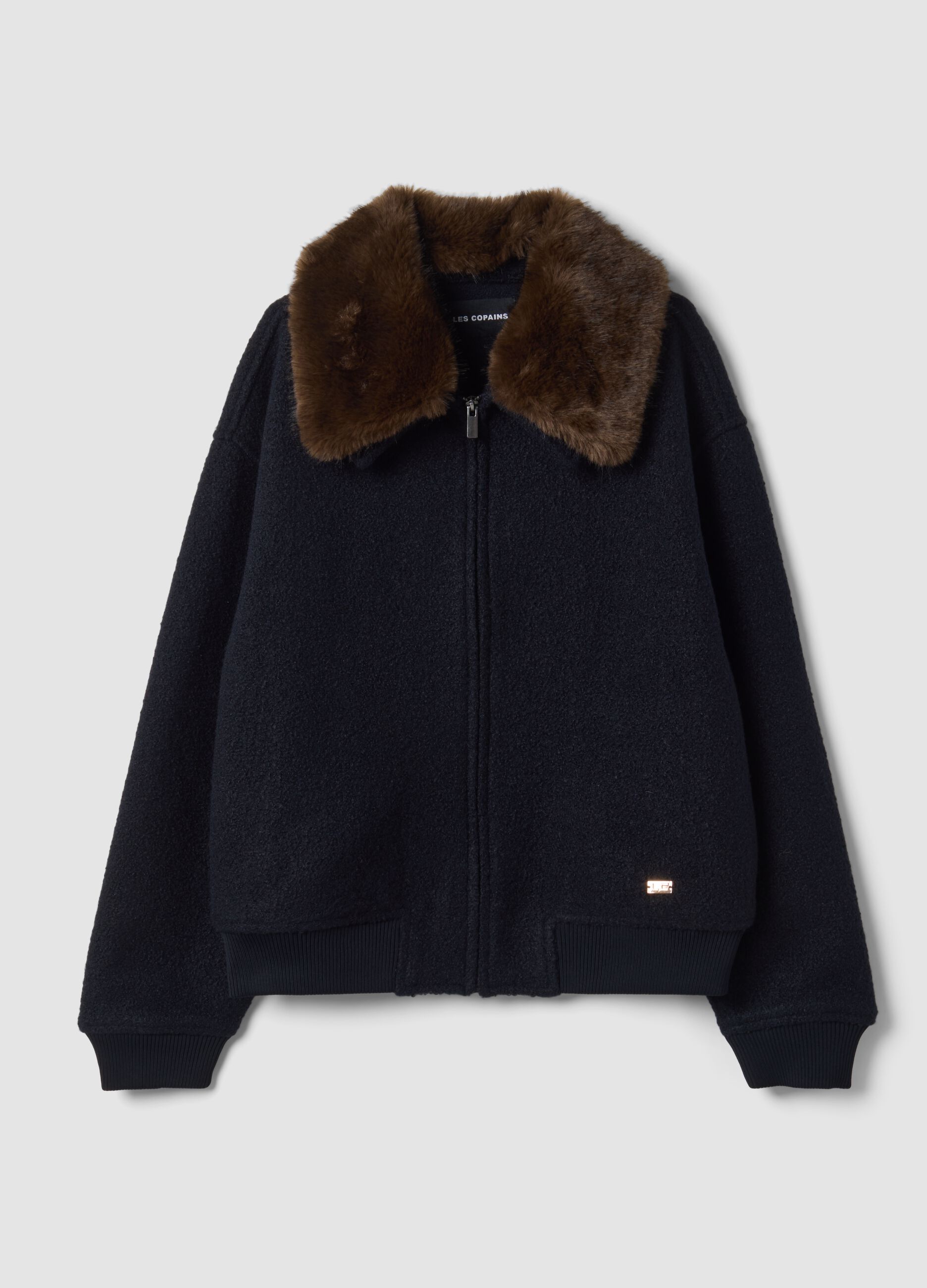 Blue wool-blend cardigan with faux-fur effect collar