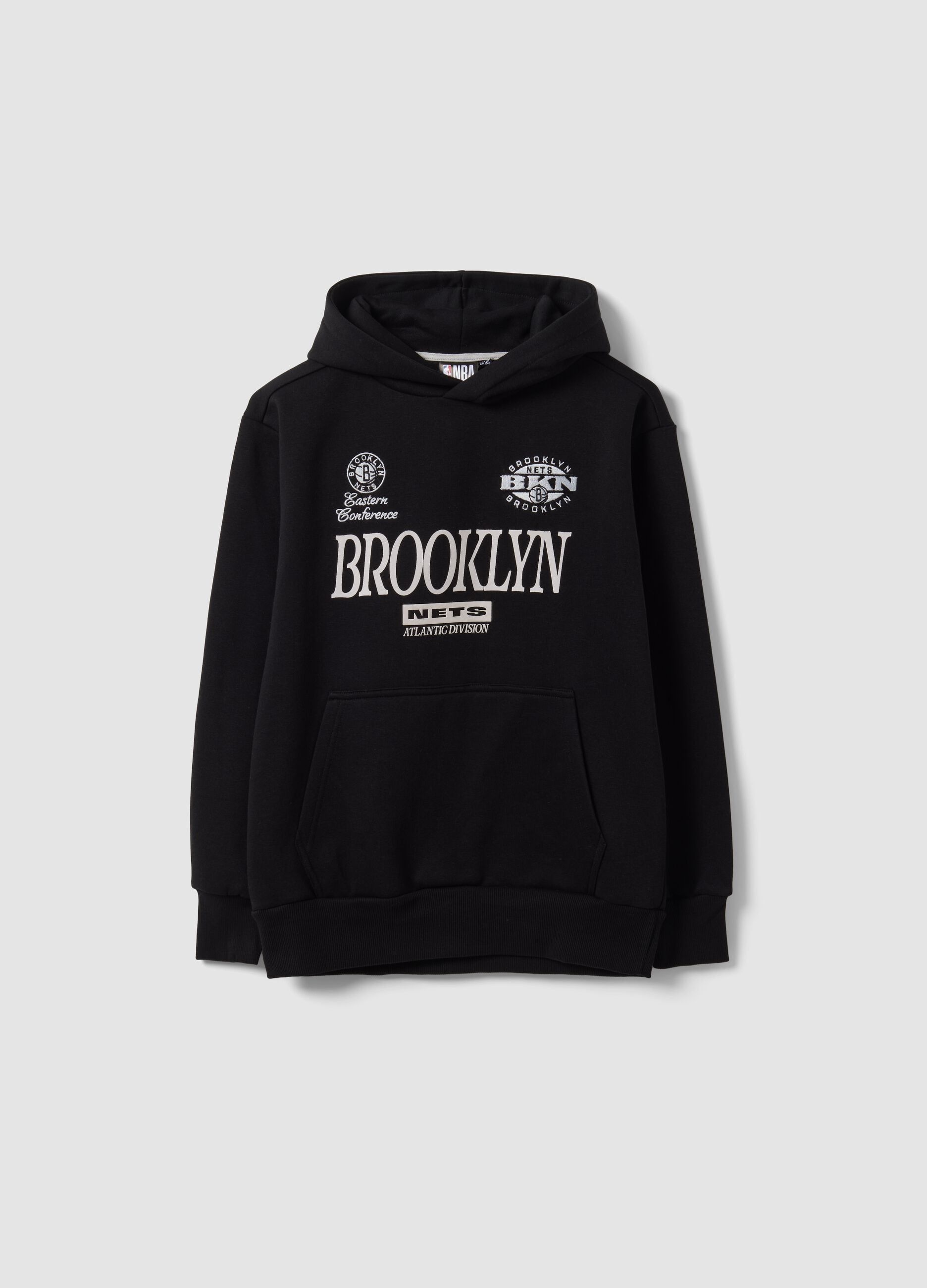 Black cotton-blend hoodie with Brooklyn Nets print for boys