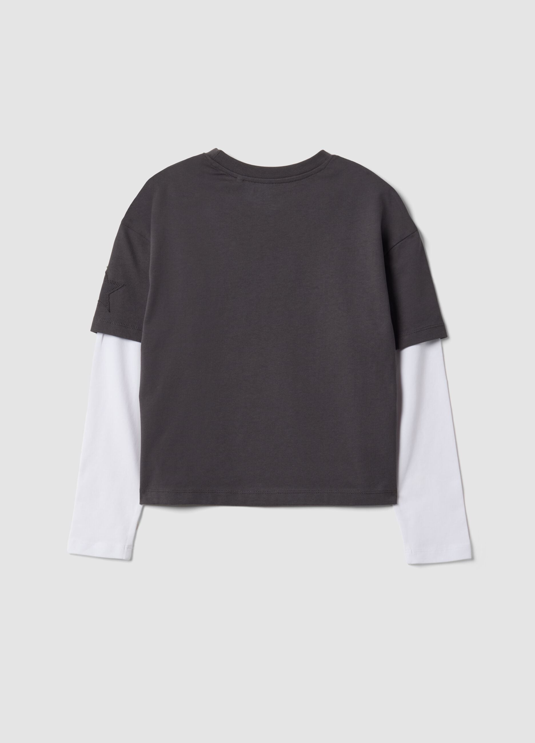 Girls&rsquo; grey oversized pure cotton T-shirt with double sleeves