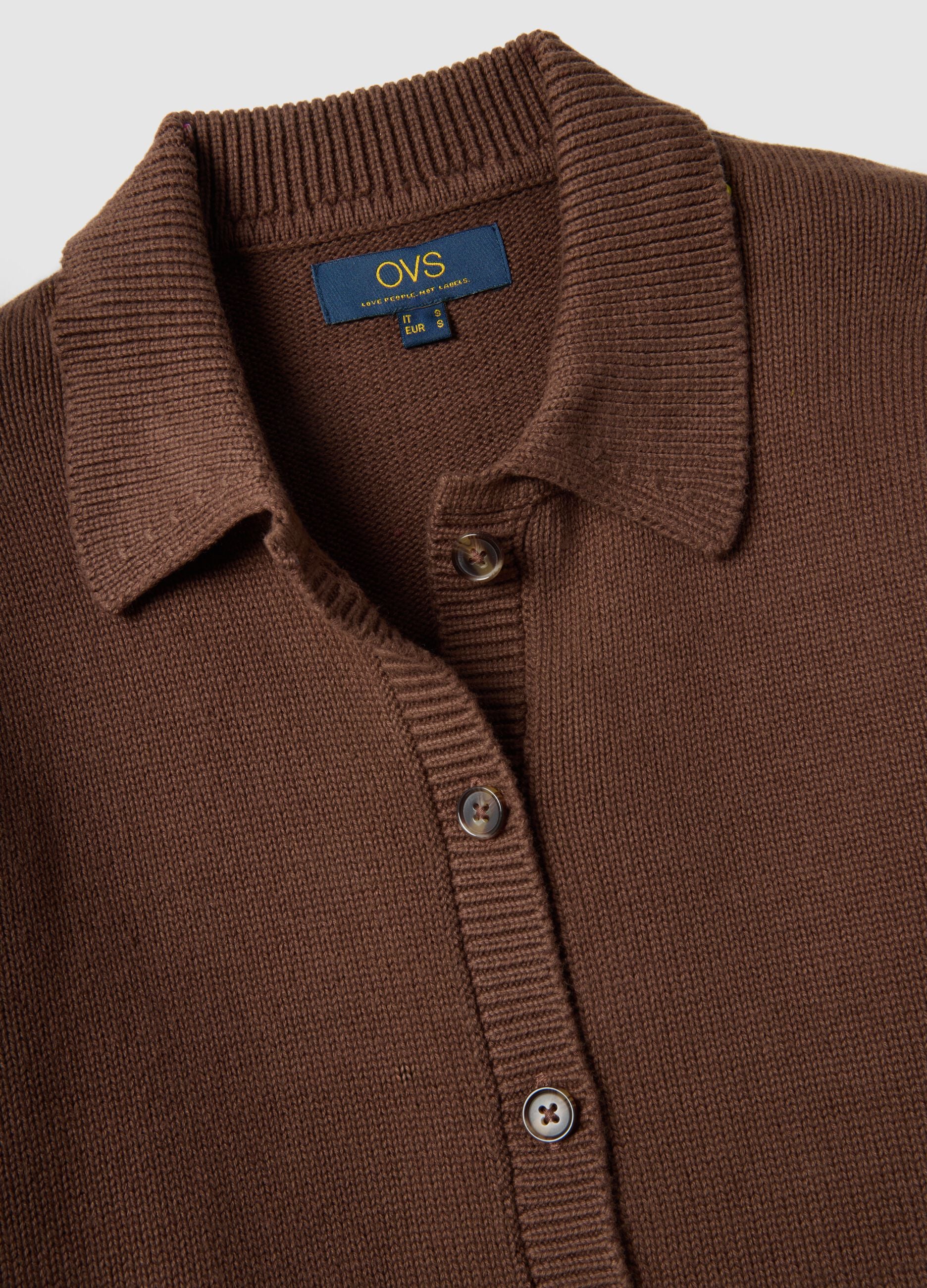 Brown cardigan with polo collar in pure cotton, regular fit