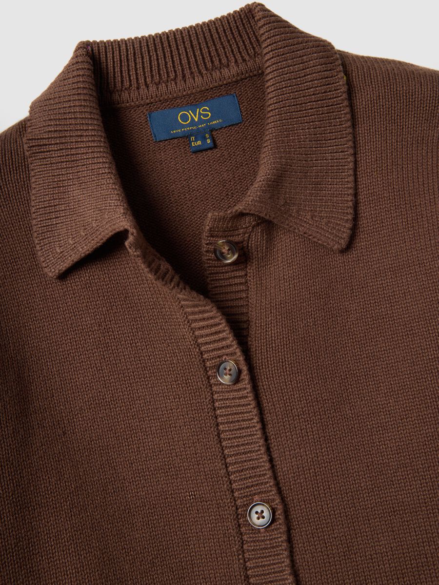 Brown cardigan with polo collar in pure cotton, regular fit_5
