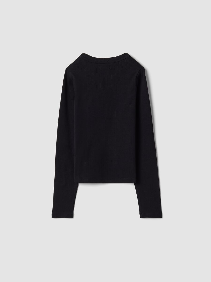 Black stretch organic cotton T-shirt with ribbed neckline_4