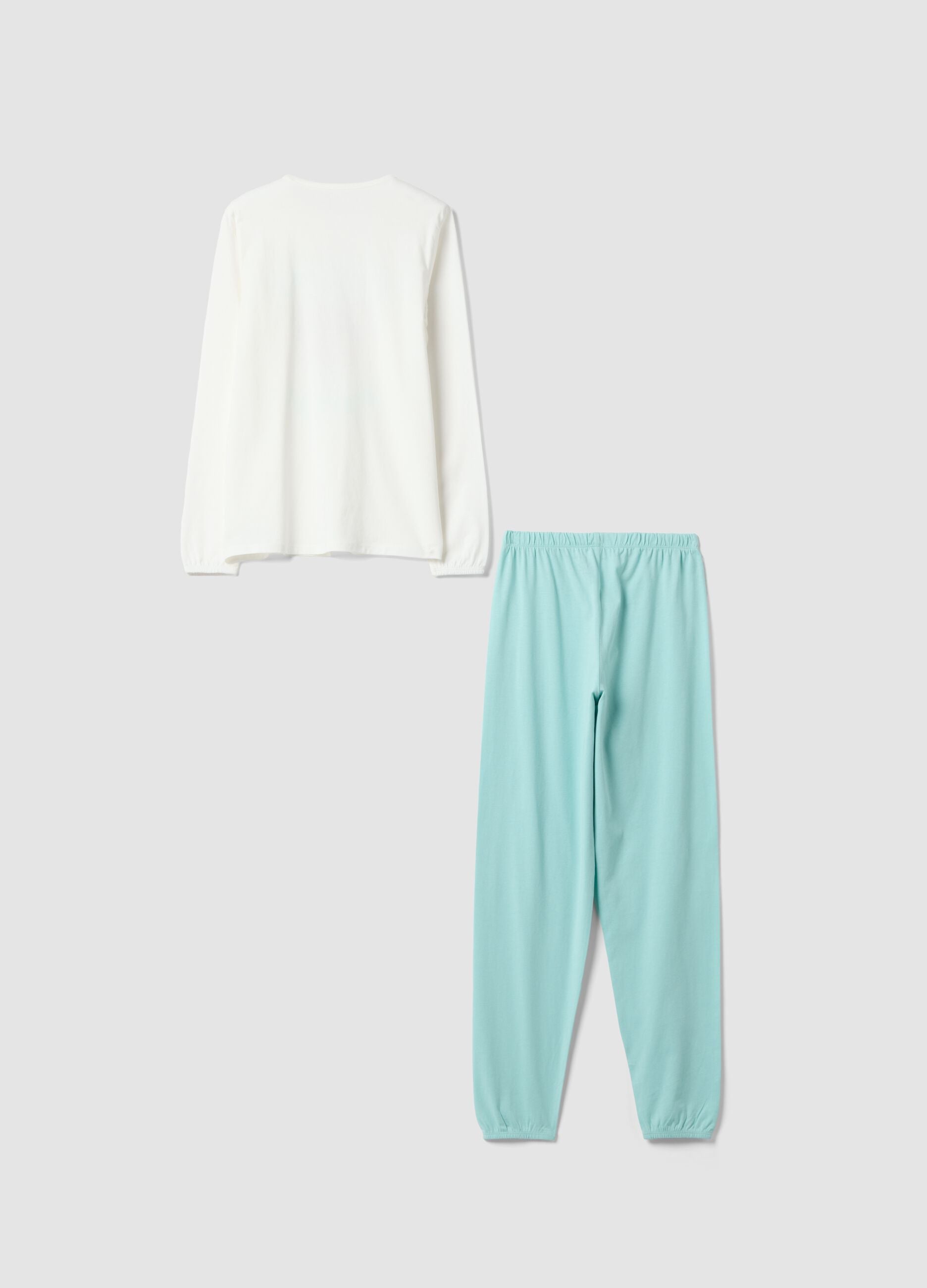 White organic cotton jersey pyjamas with print and green trousers