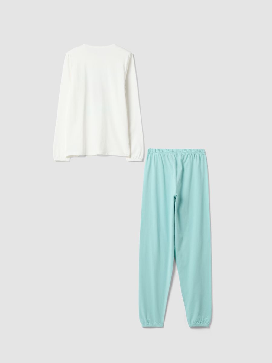 White organic cotton jersey pyjamas with print and green trousers_1