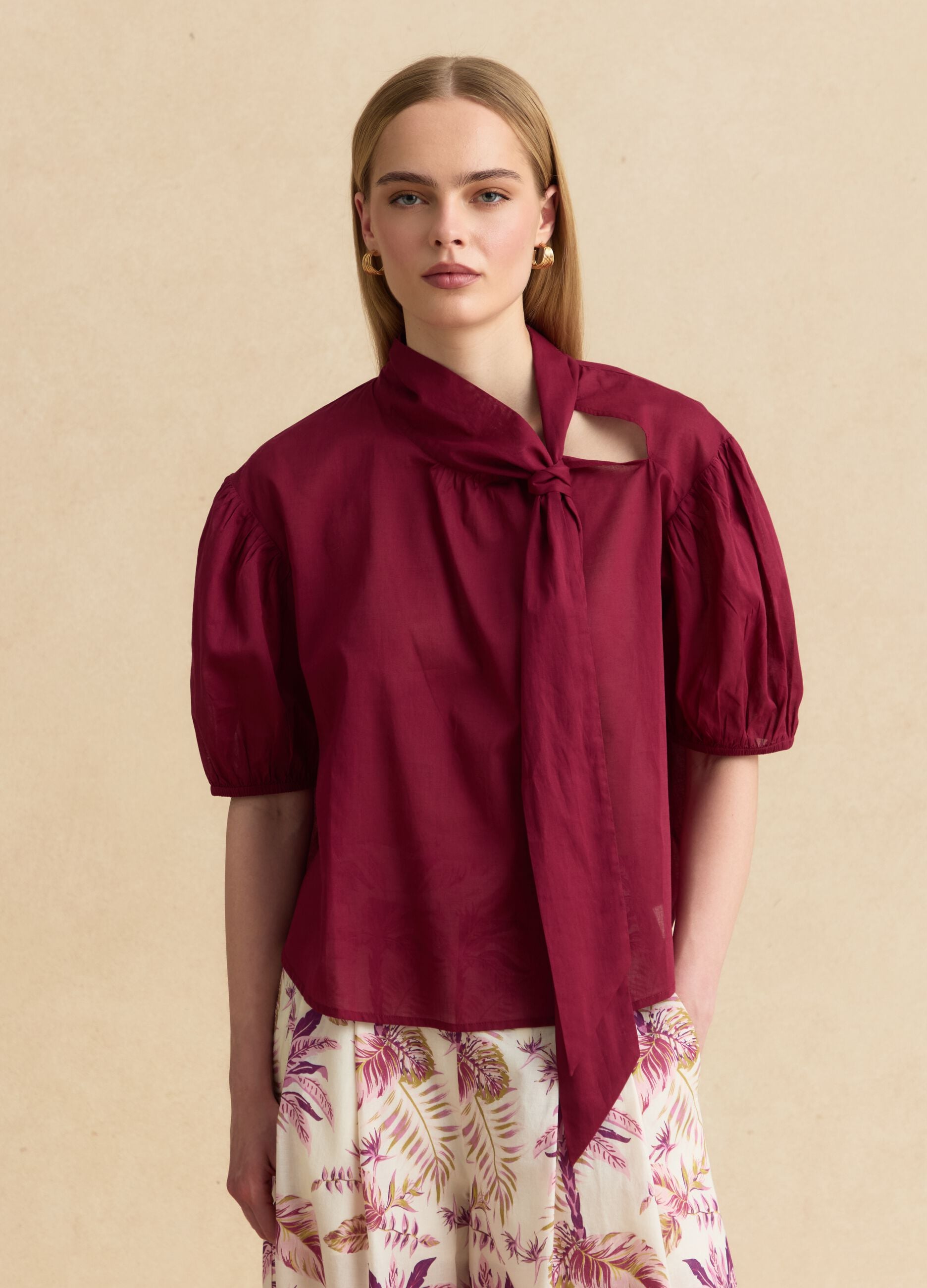 Red pure cotton regular-fit blouse with bow