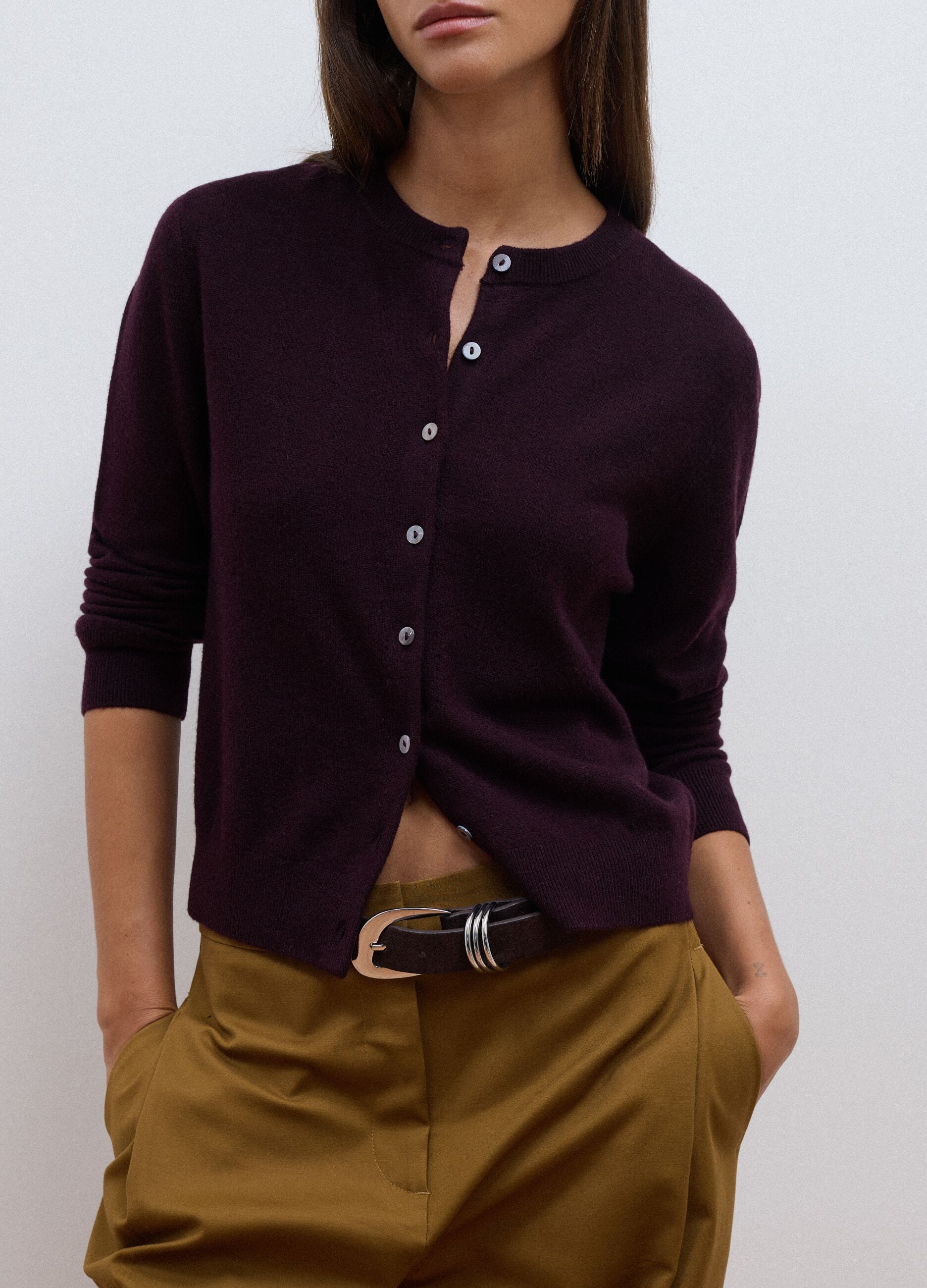 Purple pure wool crew-neck cardigan with buttons, regular fit