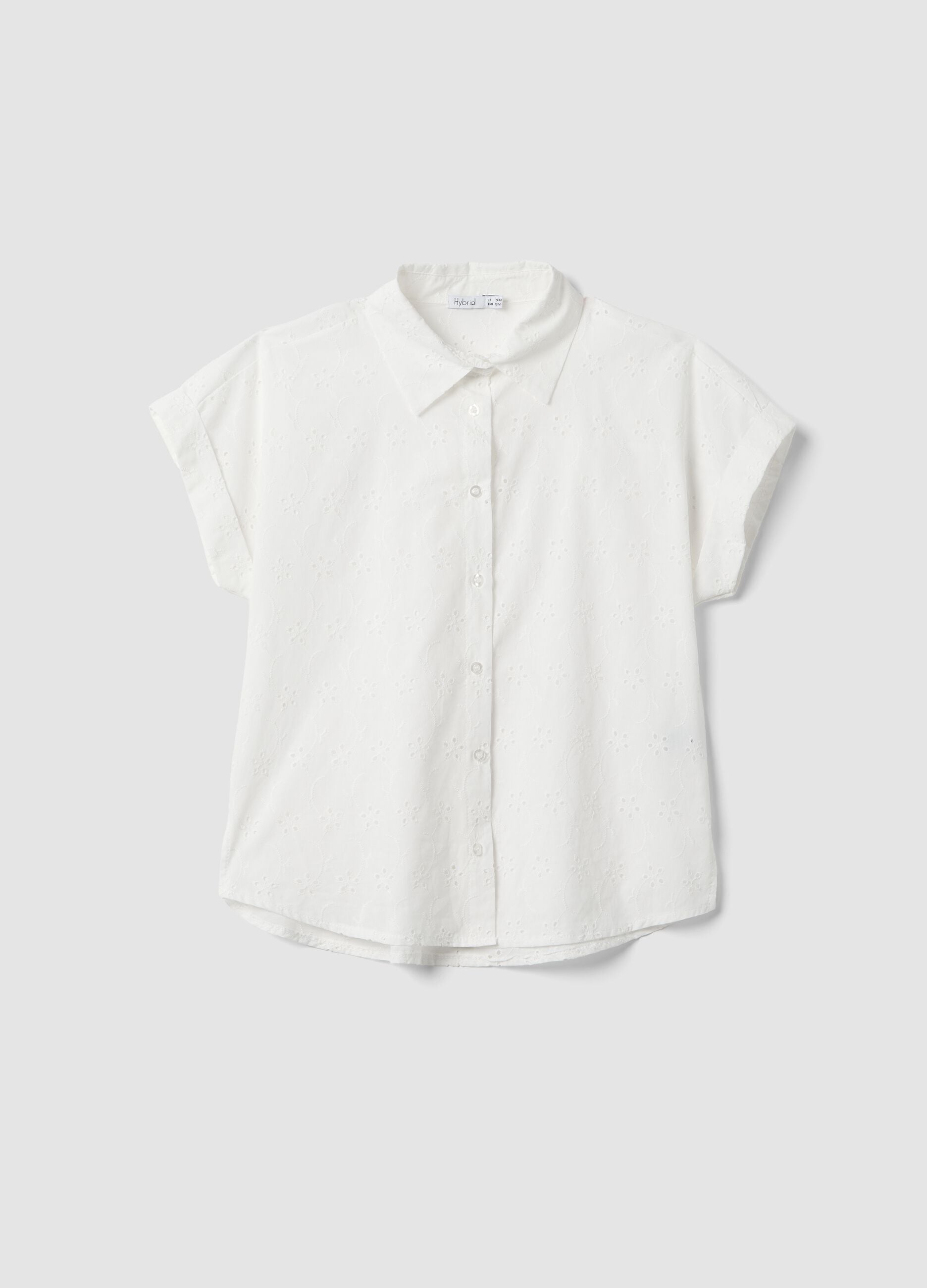 White pure cotton short-sleeve broderie shirt, regular fit