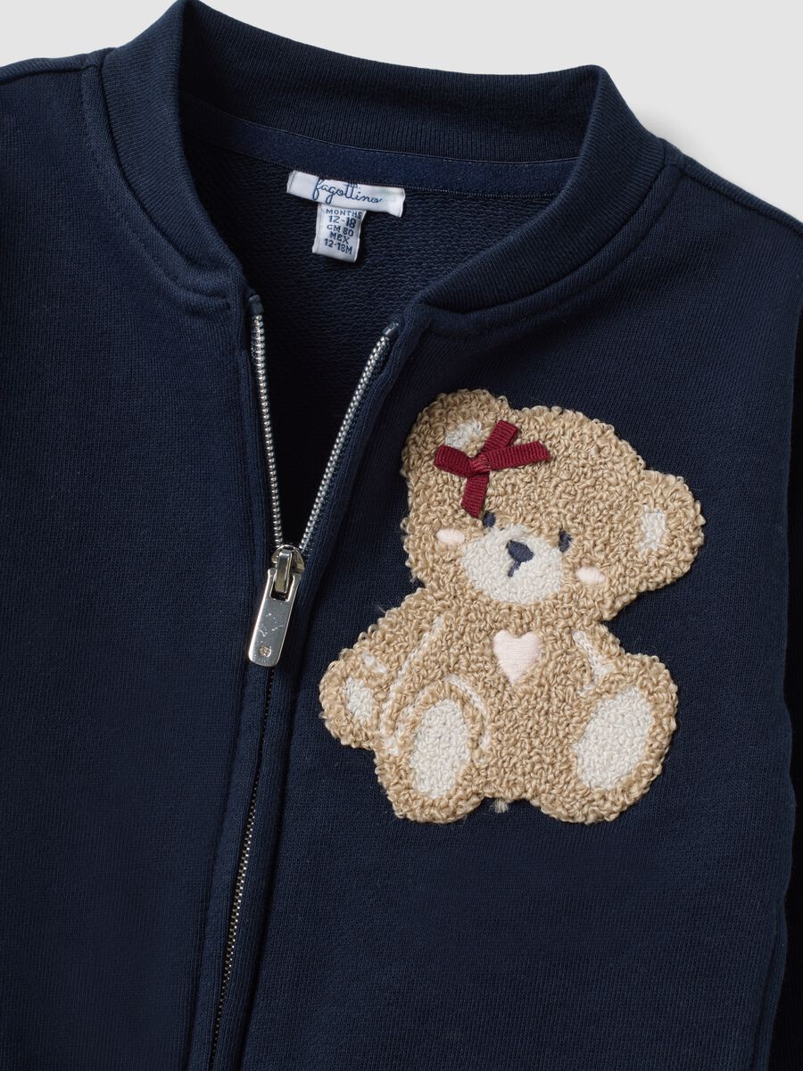 Felpa blu in puro cotone con girocollo e zip e orsetto per bimba_2