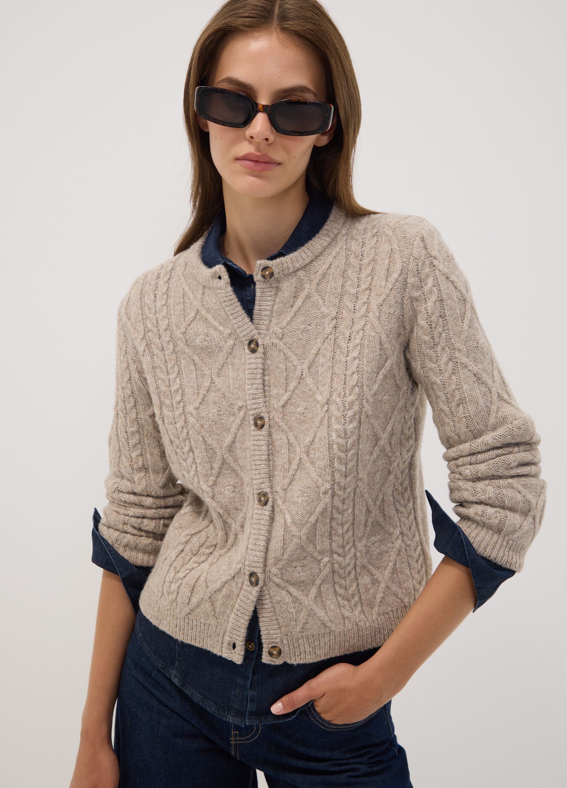 Beige cable-knit wool-blend cardigan