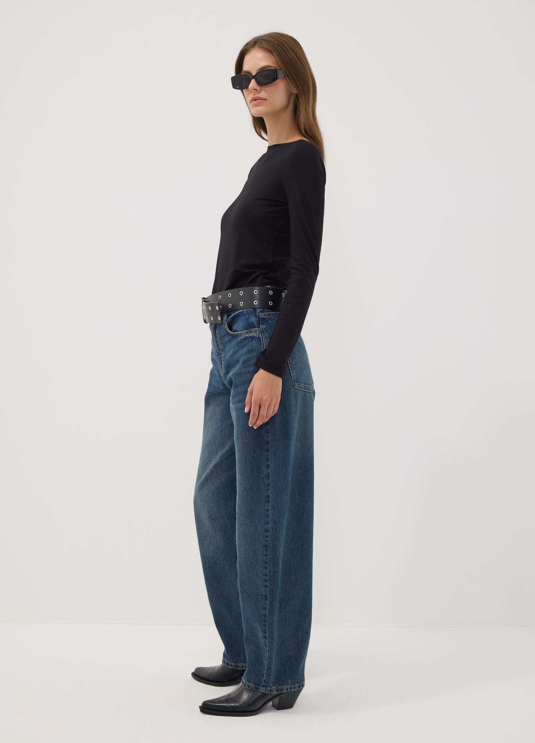 Blue denim pure cotton barrel-fit jeans