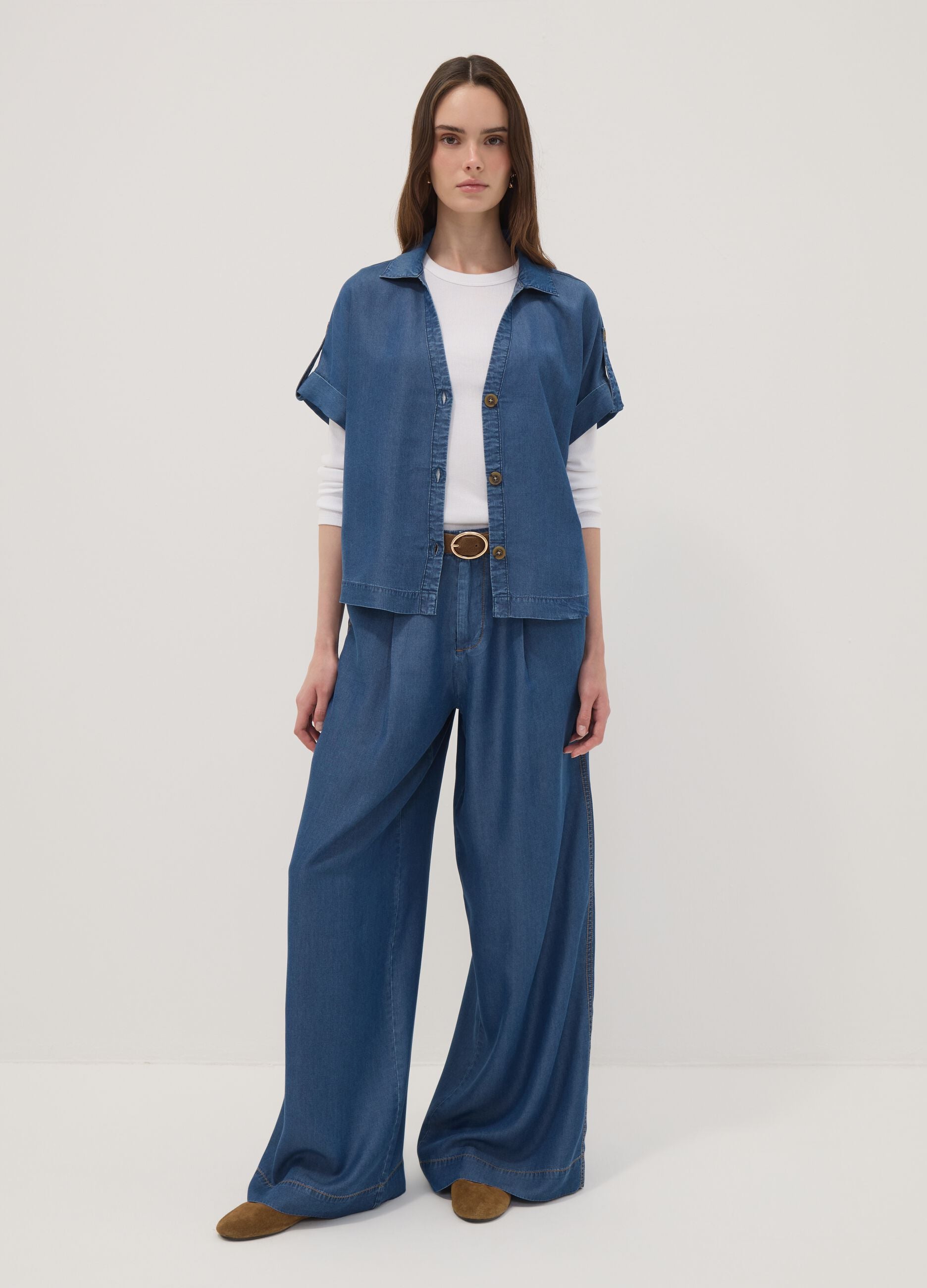 Blue pure lyocell short-sleeved shirt