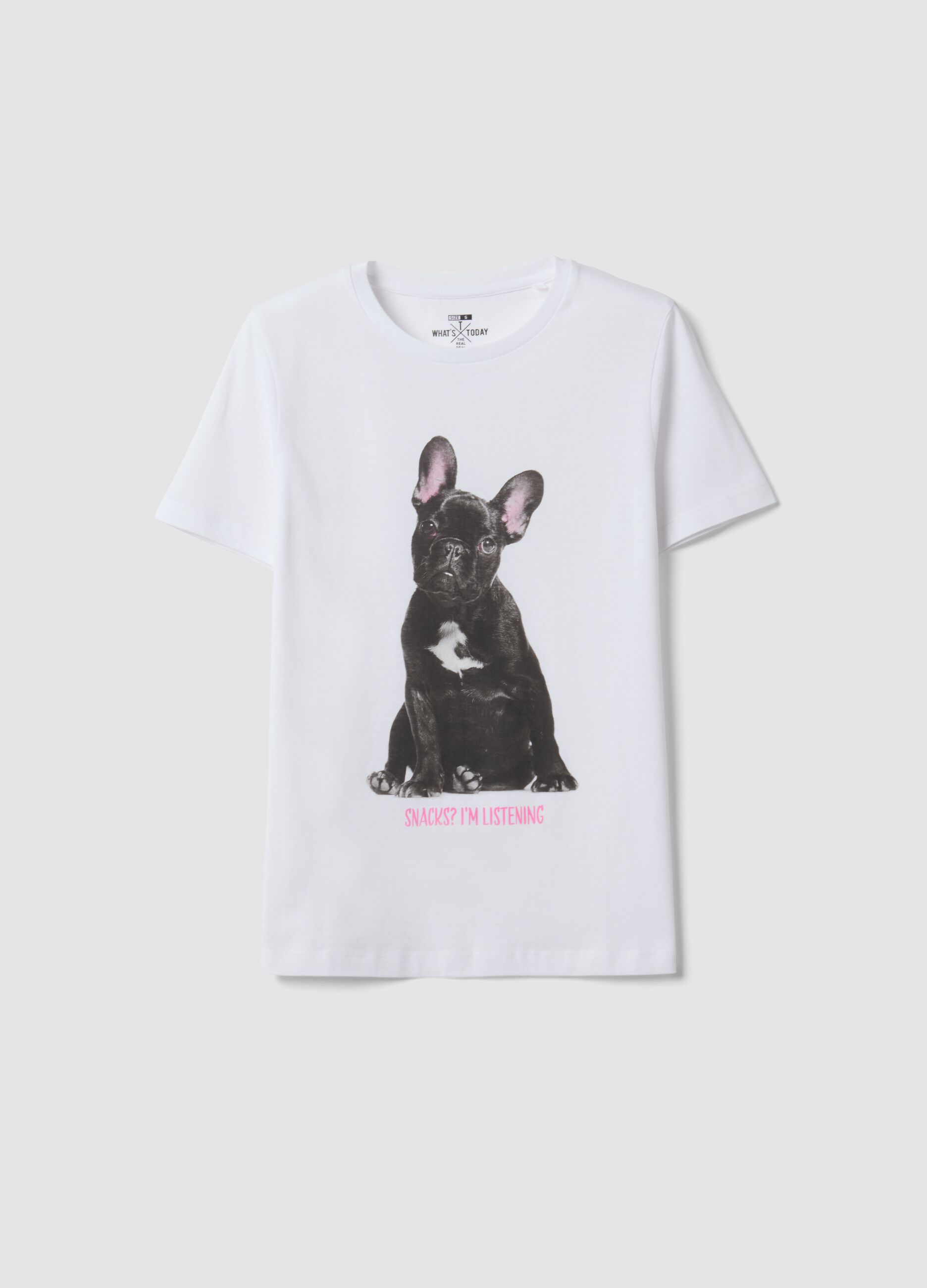 White pure cotton crew-neck T-shirt with puppy print, regular fit