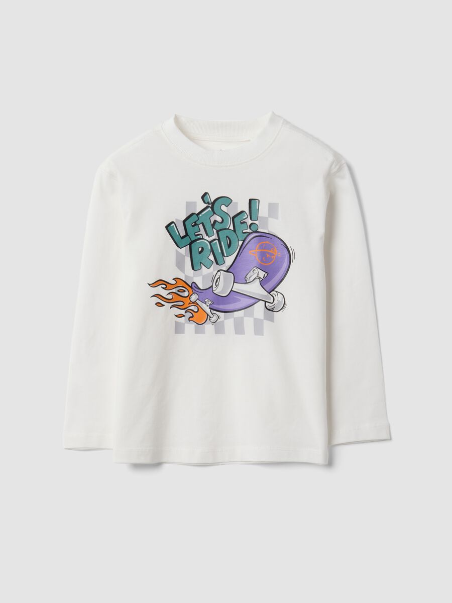White pure cotton crew-neck T-shirt with skater print for boys_0