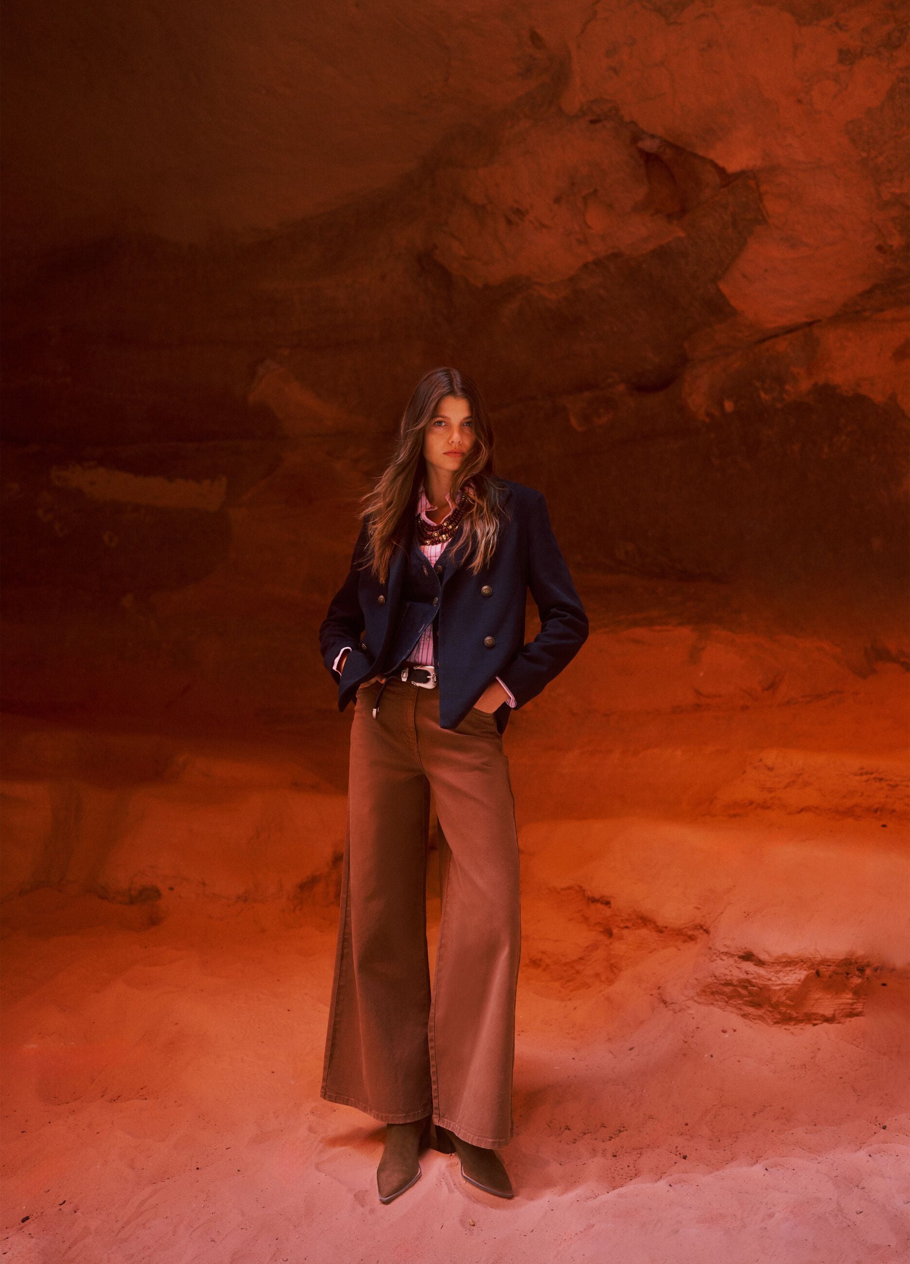 Brown wide-leg stretch cotton trousers