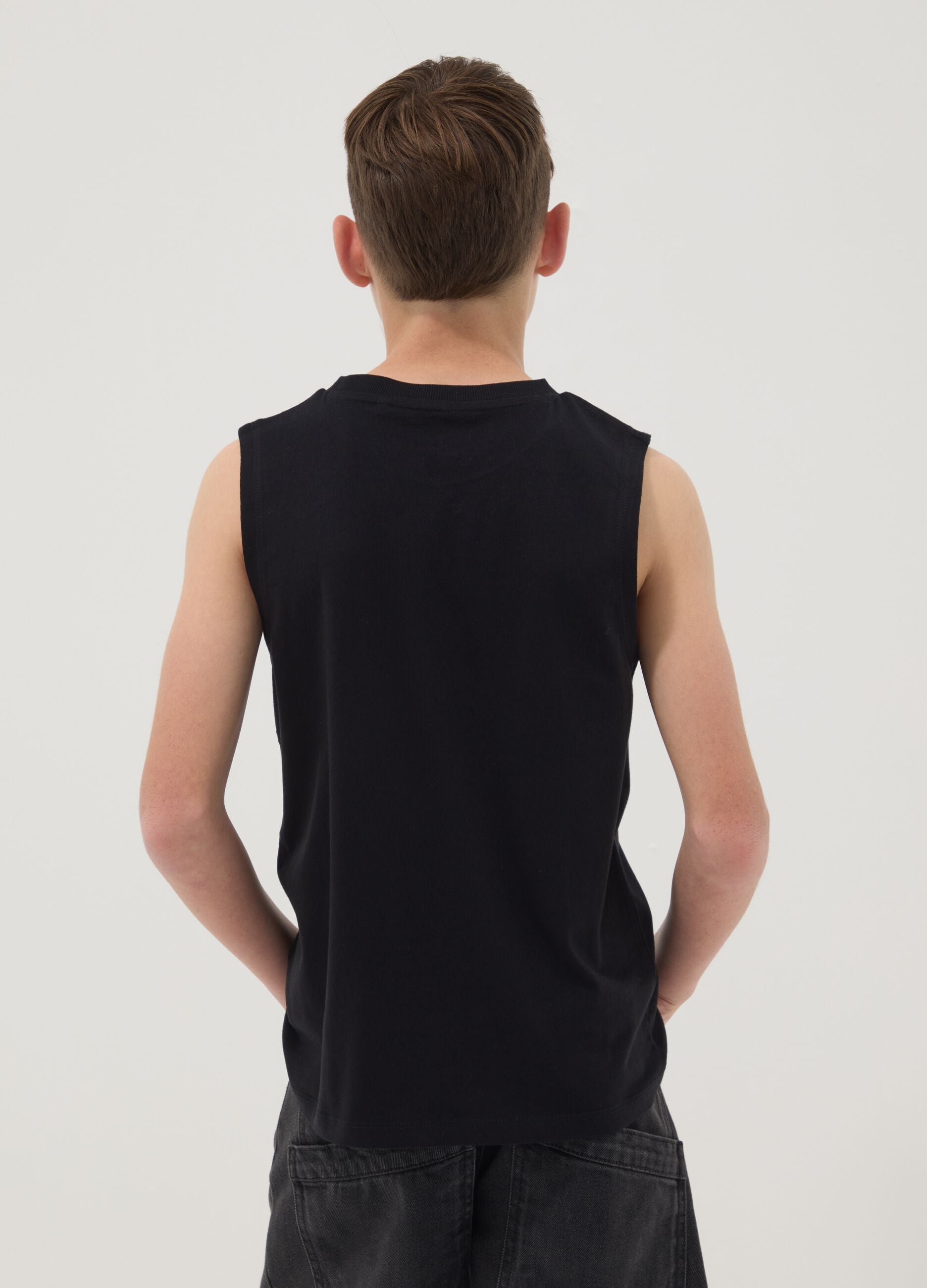 Black slogan vest top in pure cotton, oversized fit