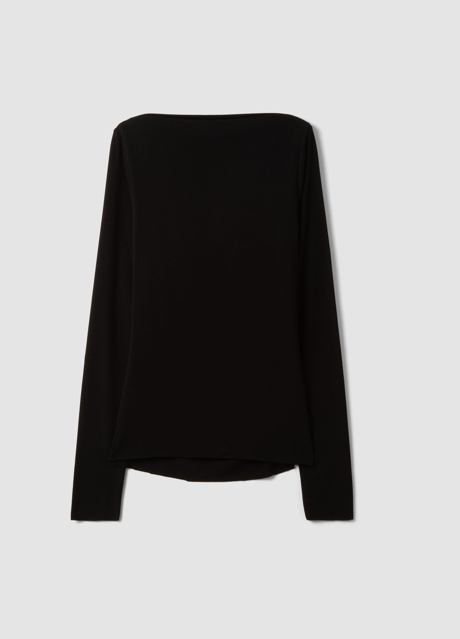 Black stretch viscose, silk and wool T-shirt with draping