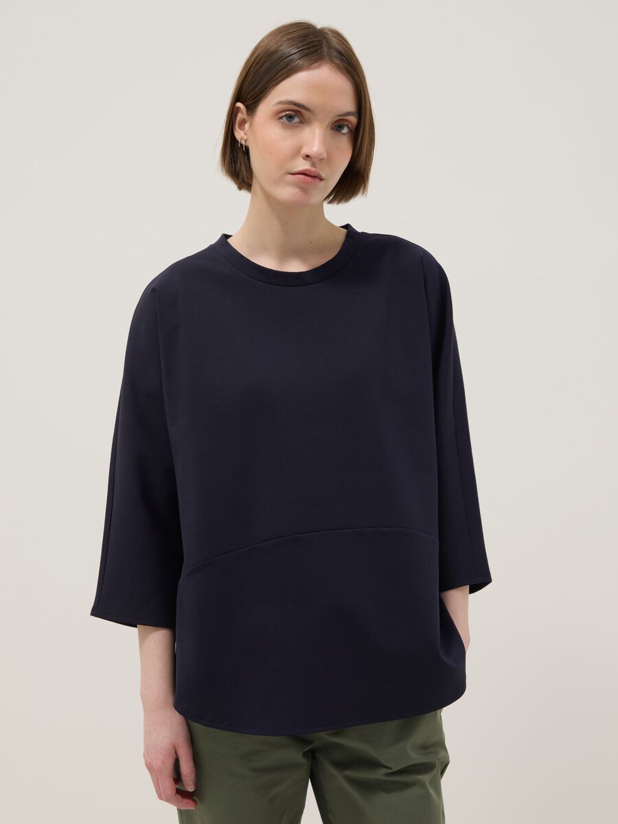 Blue Stretch Cotton Blend Regular Fit T-shirt_0