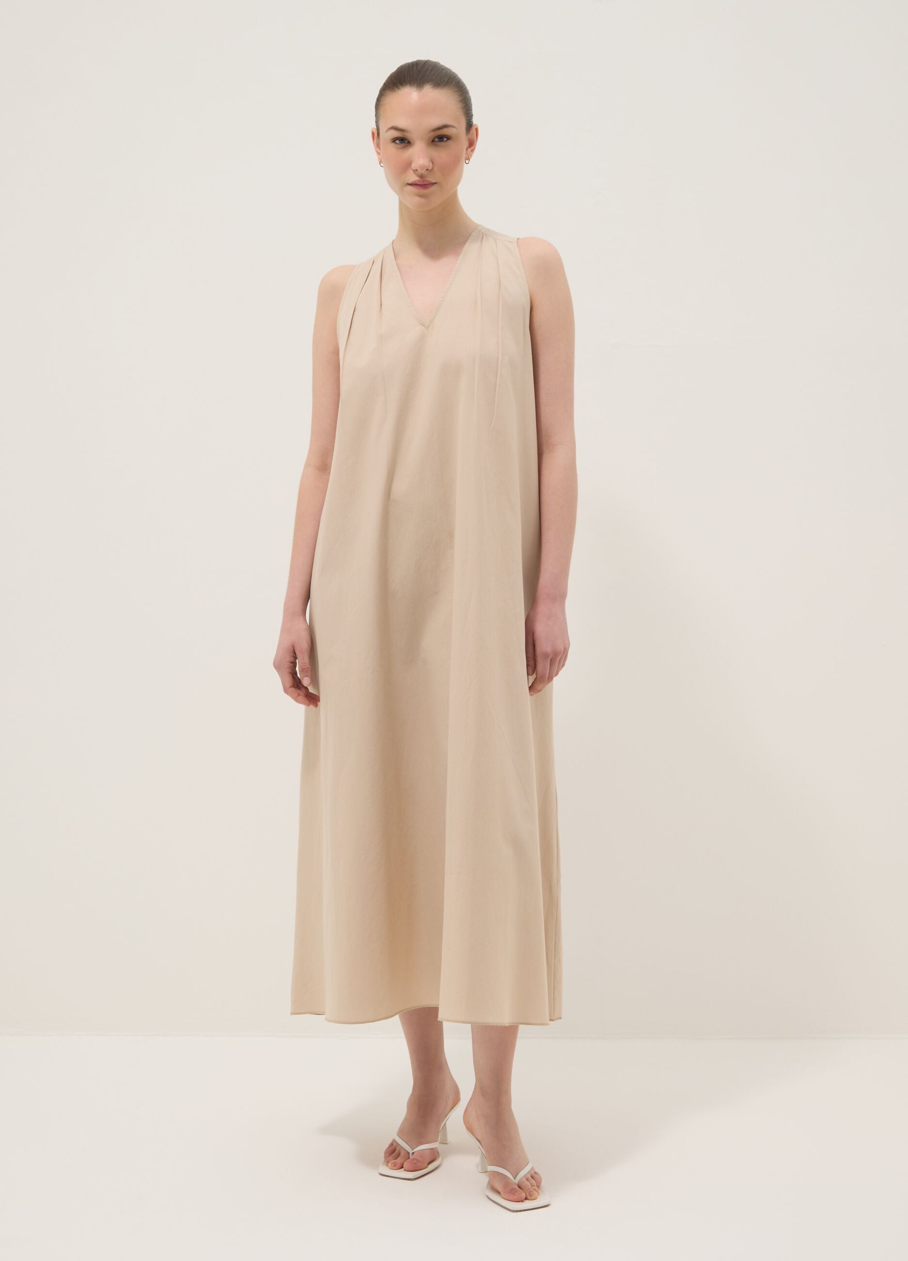Beige midi dress in pure cotton with V-neck