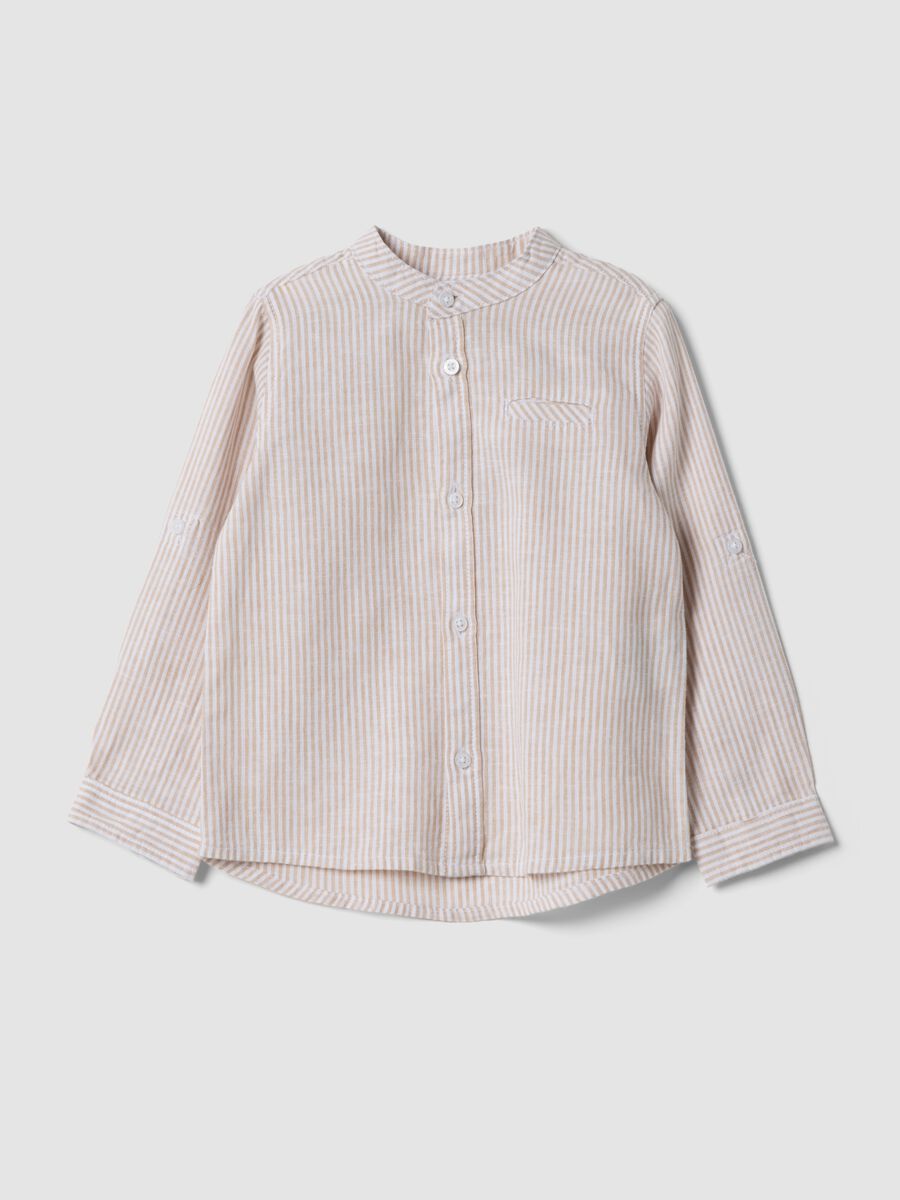 Boys&rsquo; white and beige striped linen-cotton blend shirt_0