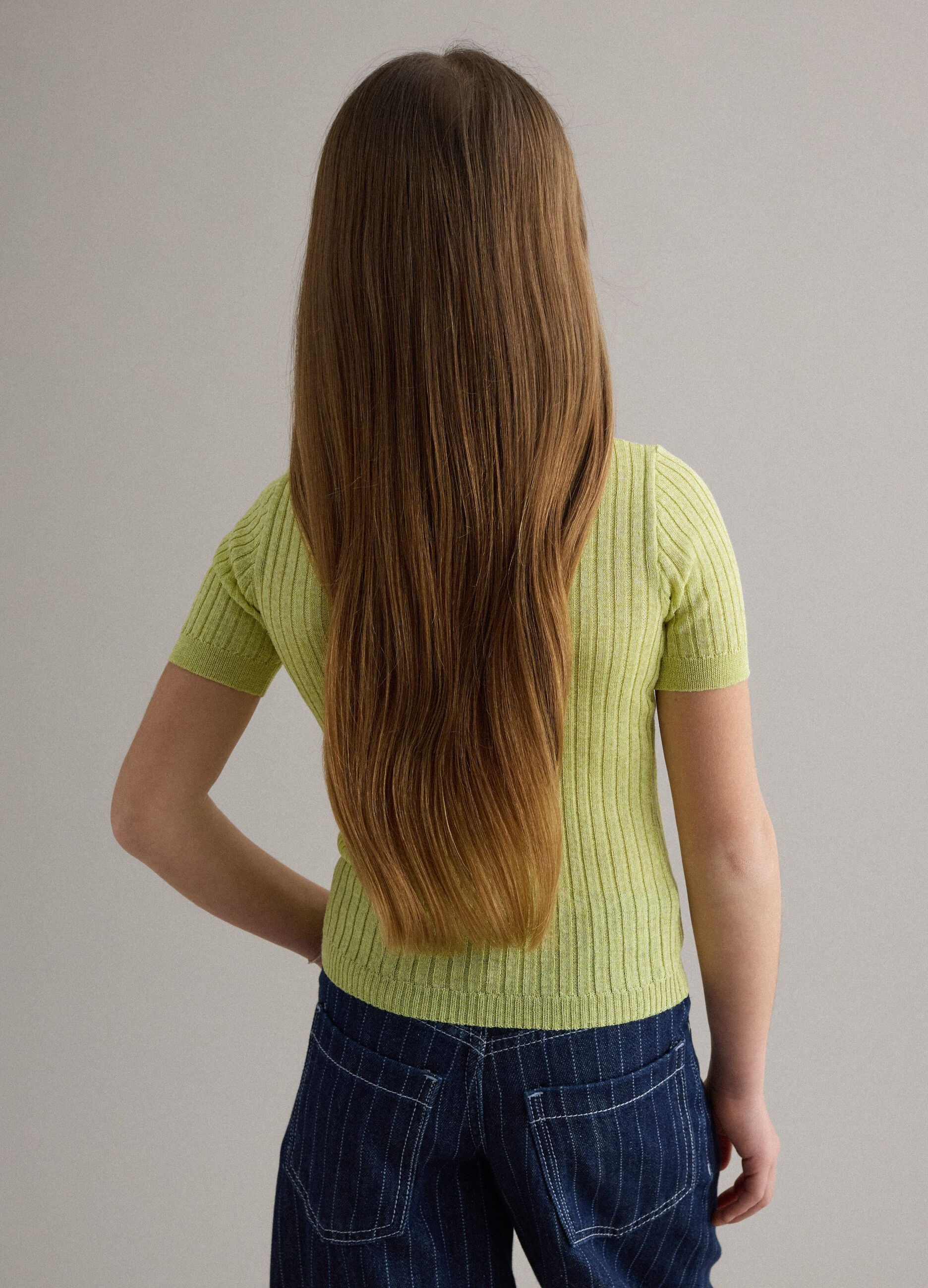 Girls' regular fit yellow ribbed viscose blend jumper