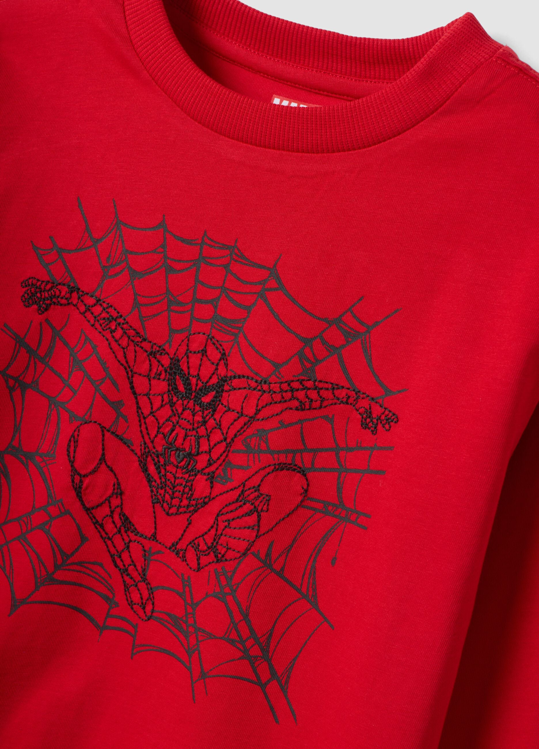 Red long-sleeve pure cotton T-shirt with MARVEL Spider-Man print for boys