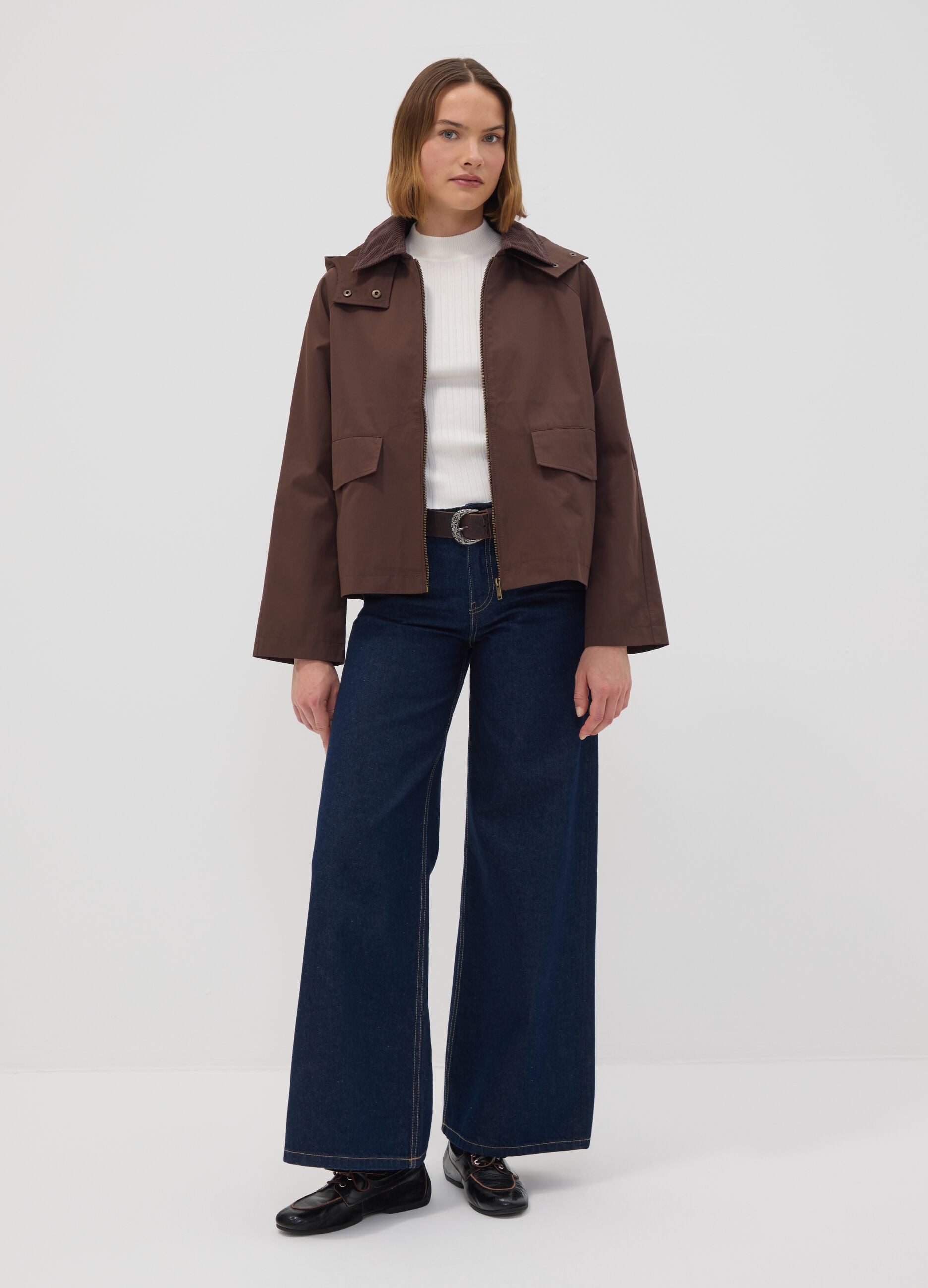 Brown cotton-blend parka jacket with hood and ribbed collar