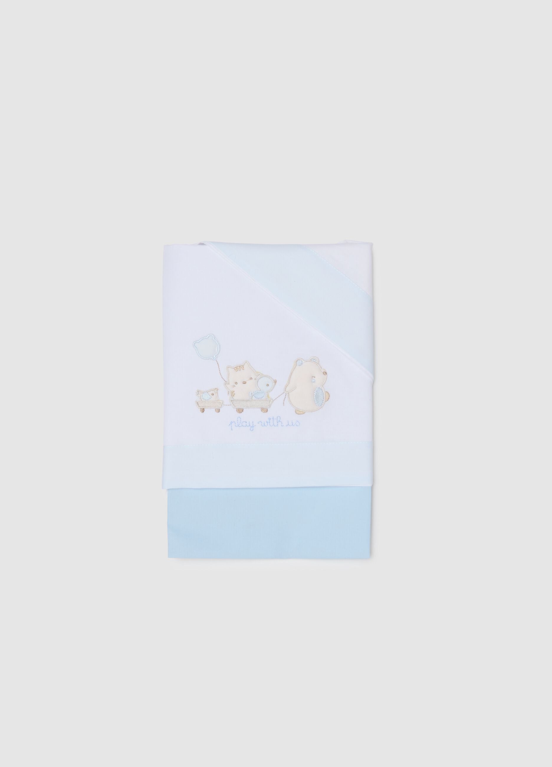 Blue and white pure cotton cot sheet with embroidery