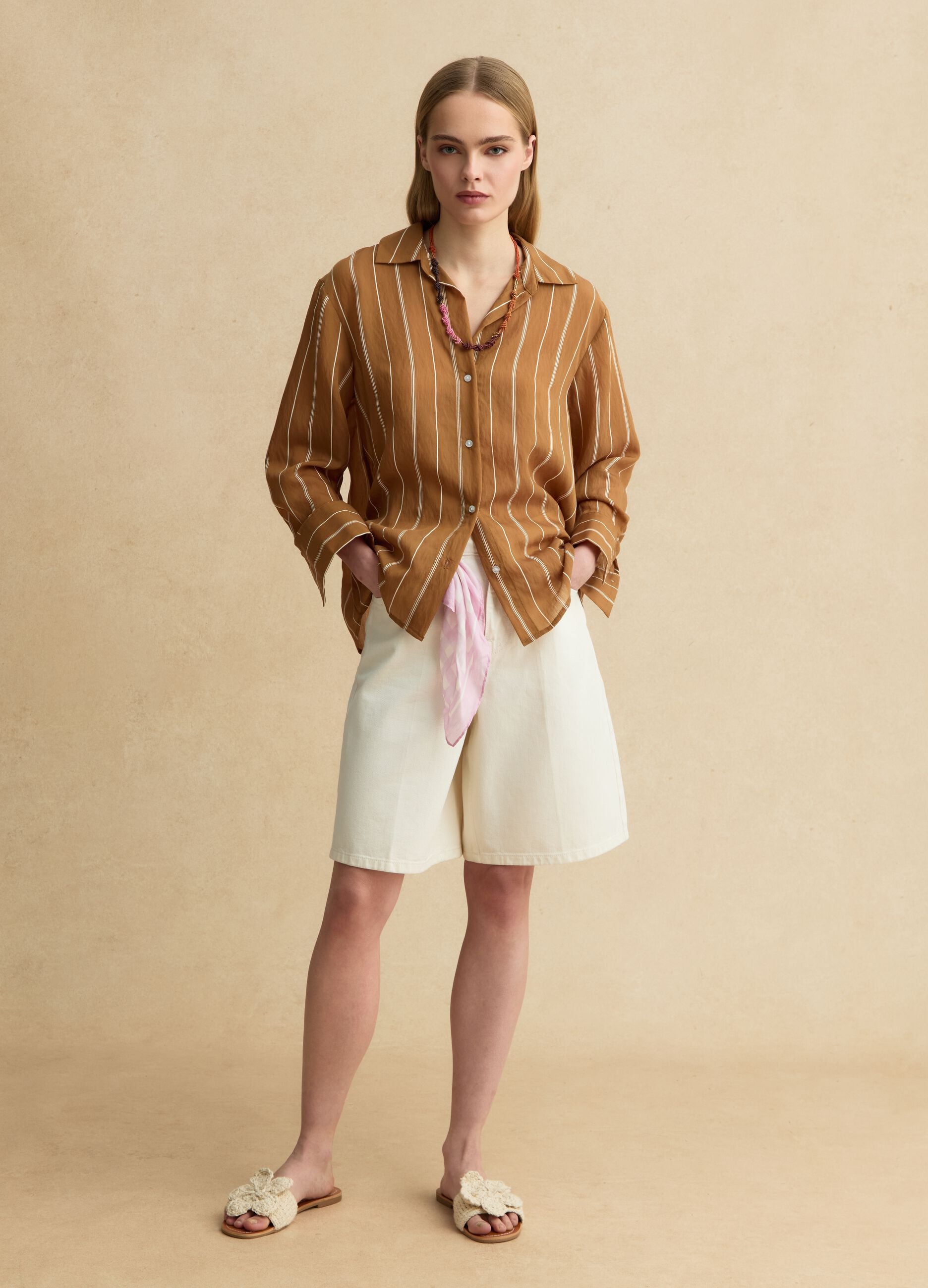 Multicoloured striped regular fit lyocell blend shirt