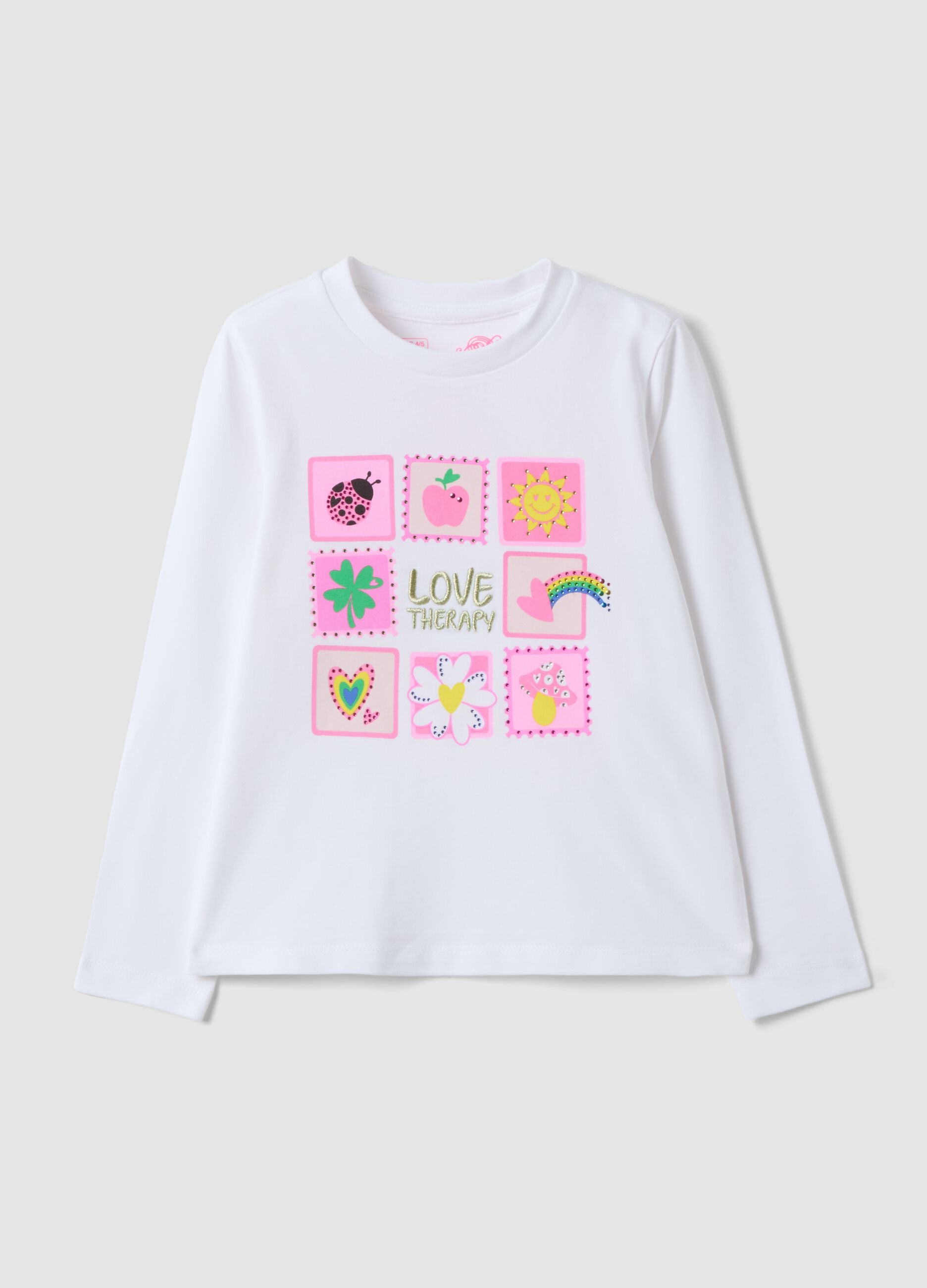 White stretch cotton crew-neck printed T-shirt for girls