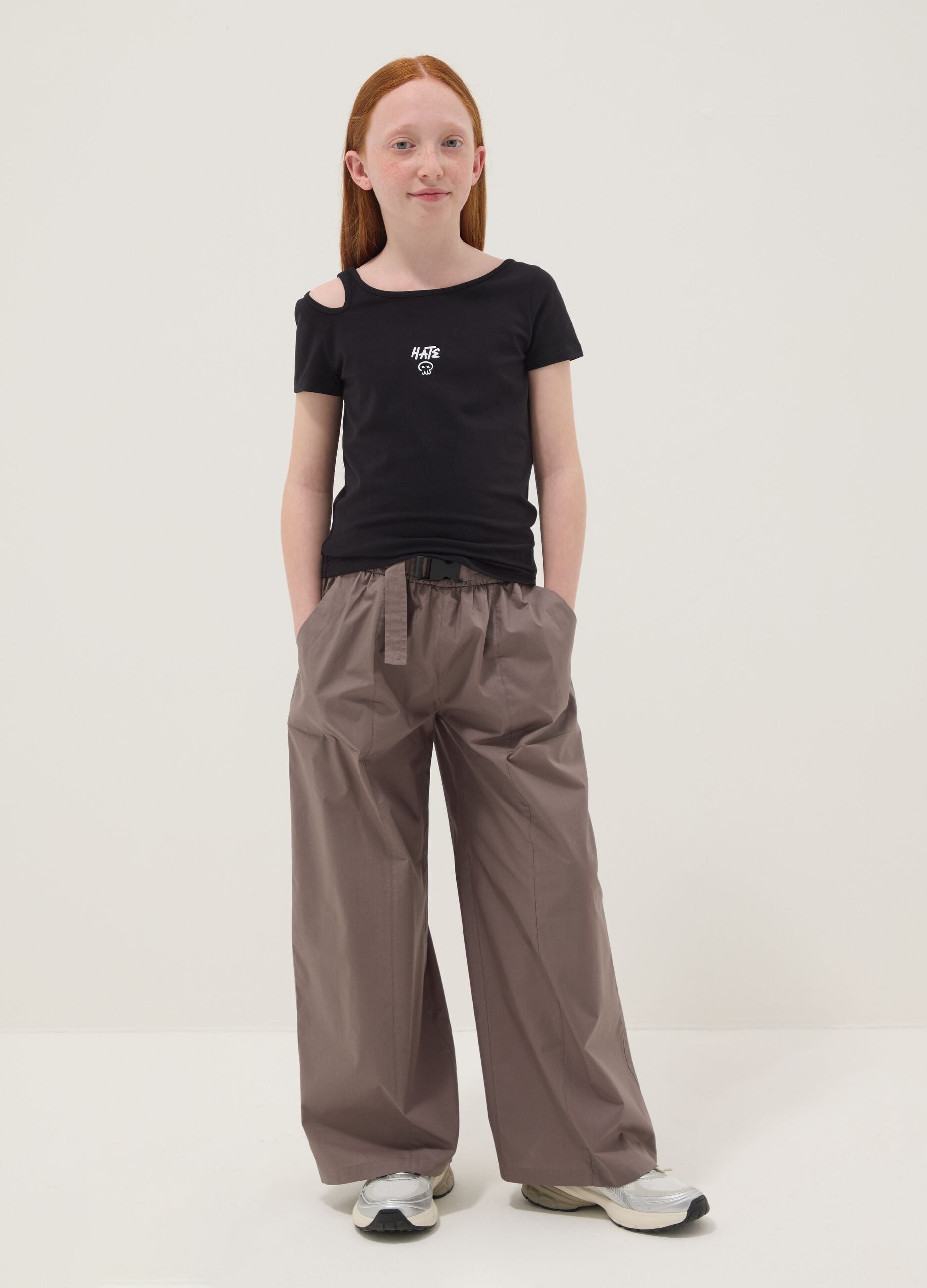 Brown pure cotton trousers with elasticated waistband for girls
