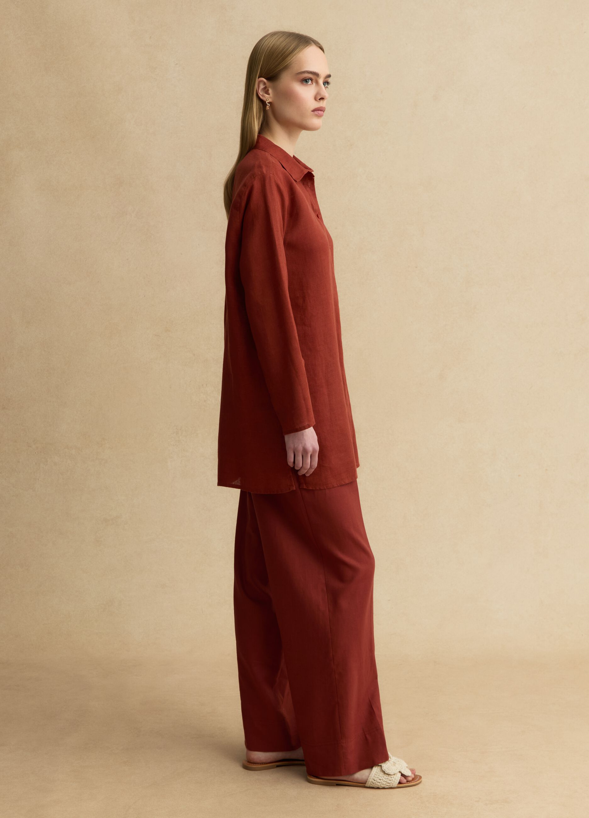Red pure linen oversized shirt