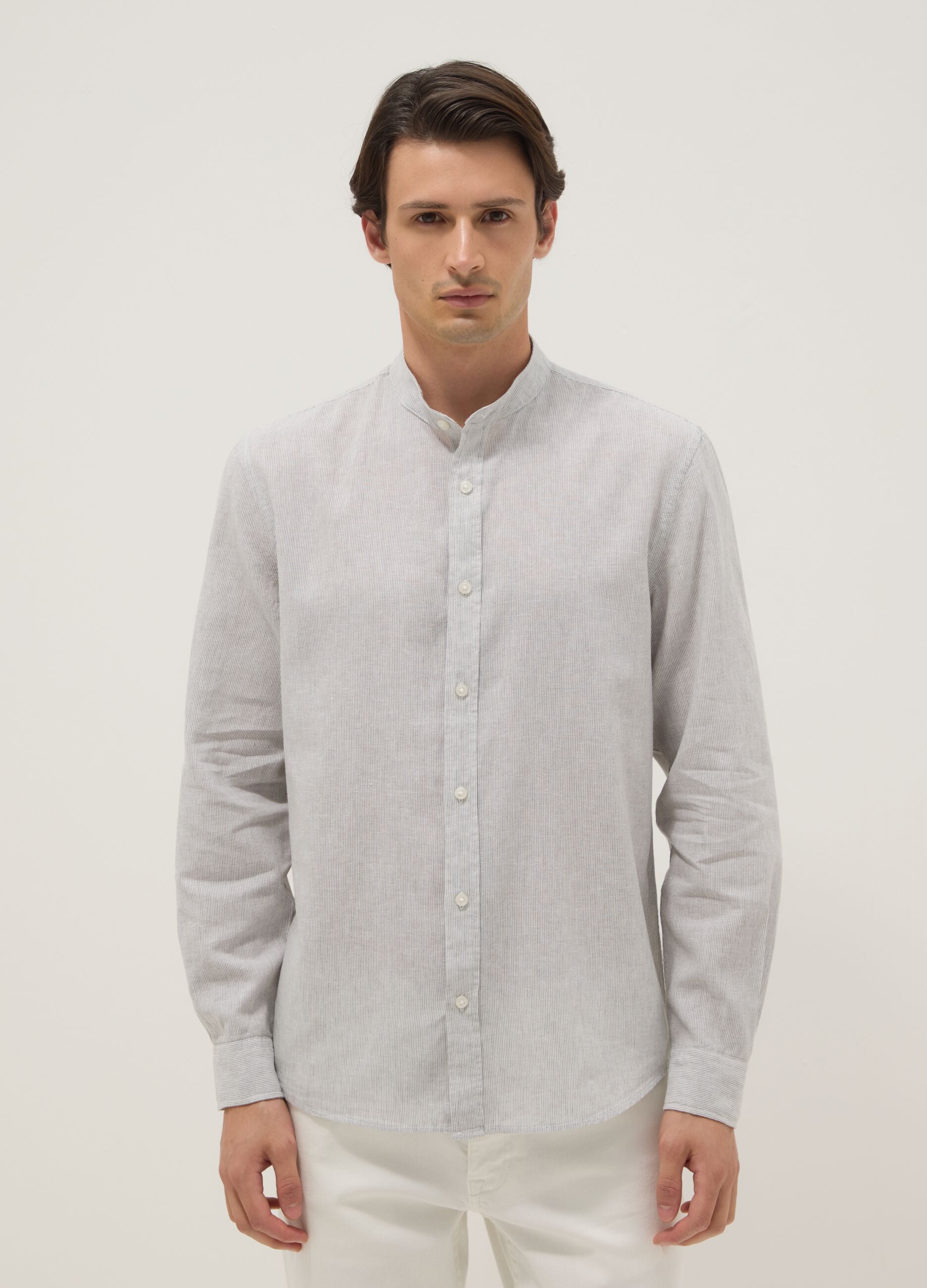 Multicolour striped shirt with mandarin collar in linen-cotton blend regular fit