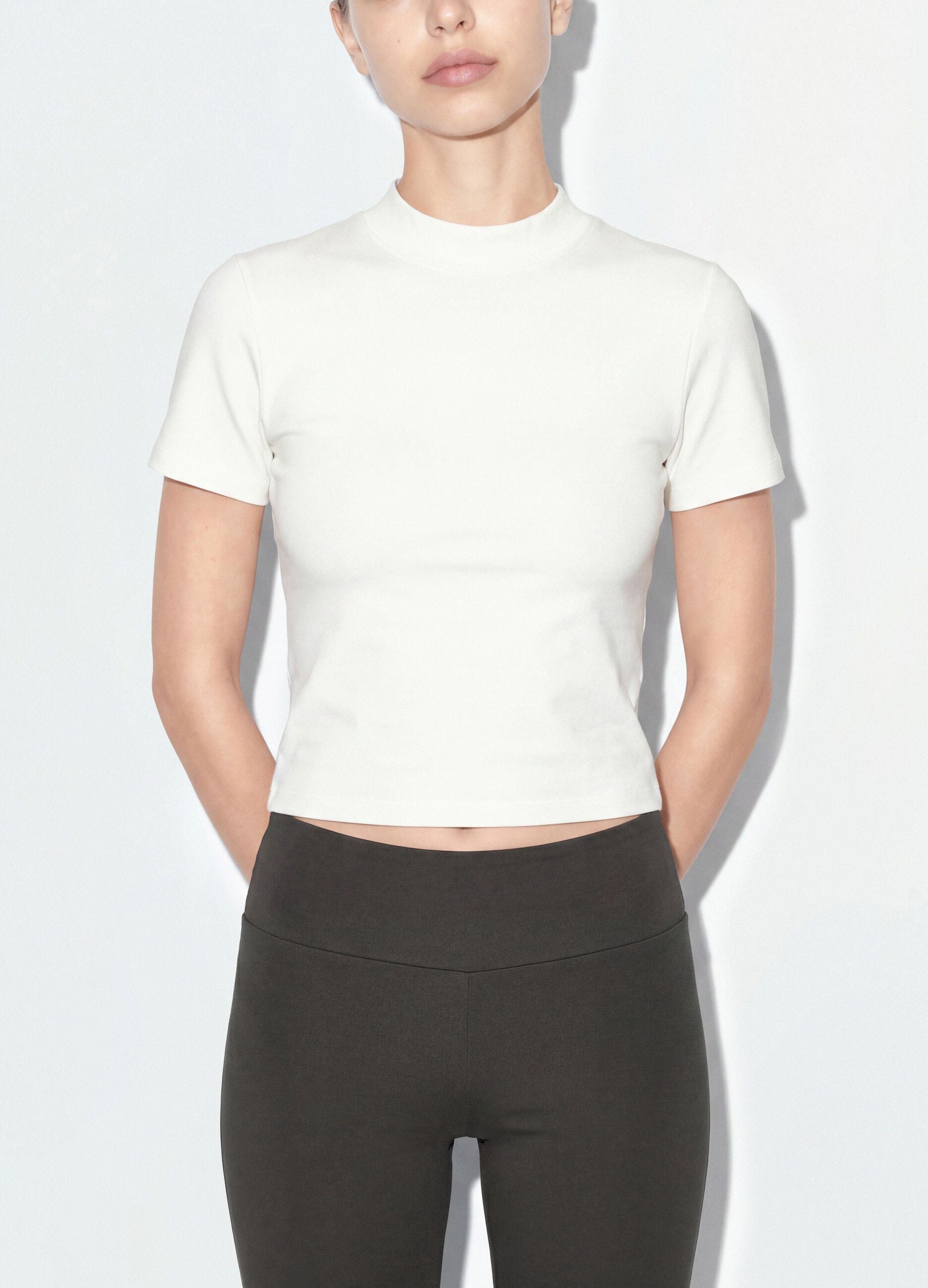 White fitted stretch-cotton T-shirt with high neck