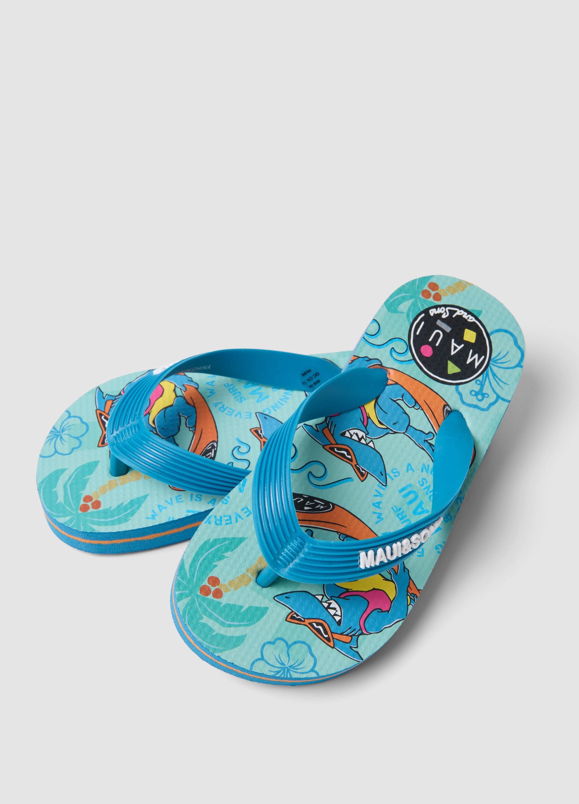 Blue and orange children's sandals with shark design