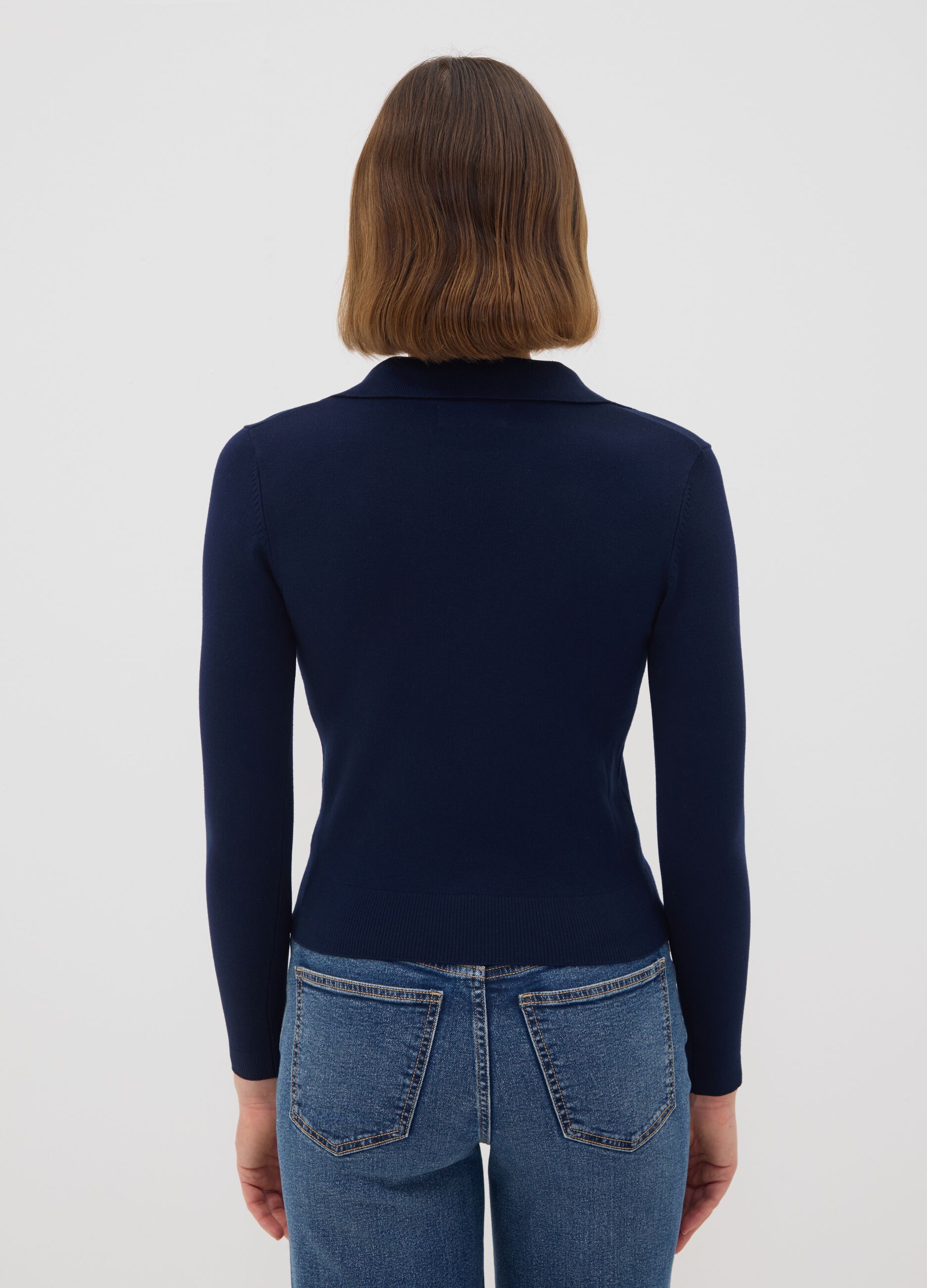 Blue viscose-blend polo-collar jumper, regular fit