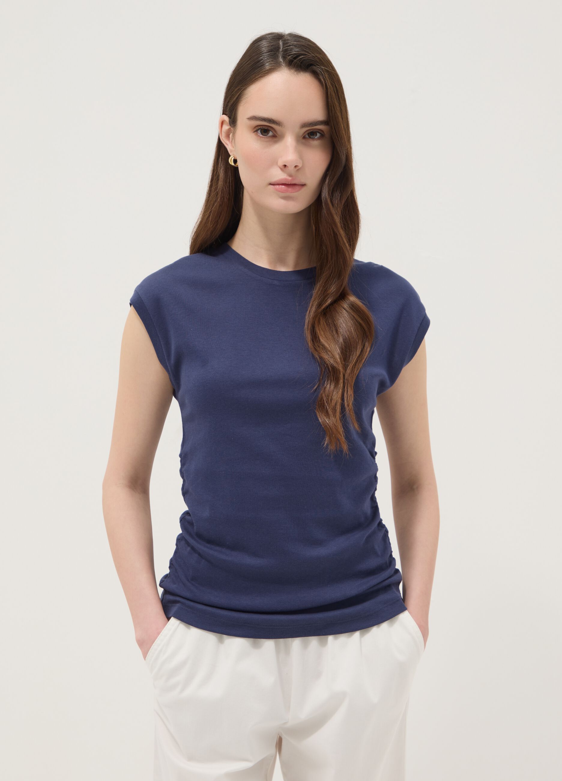 Blue pure cotton tank top with side ruching, regular fit