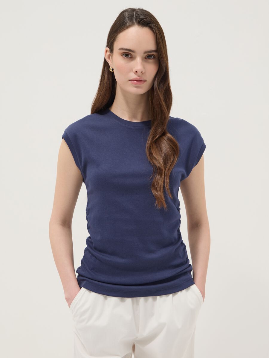 Blue pure cotton tank top with side ruching, regular fit_1