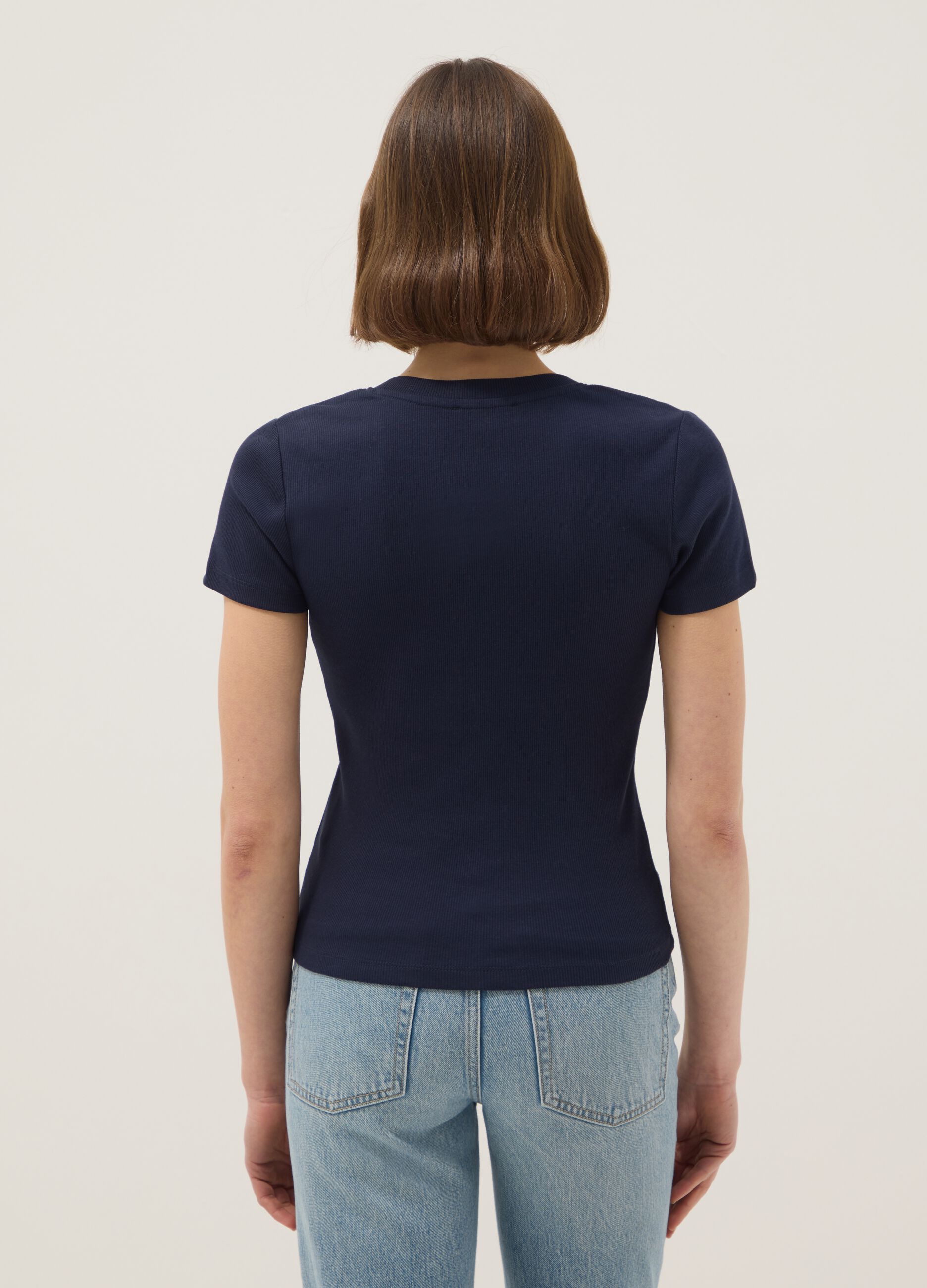 Blue stretch cotton T-shirt with deep V-neck regular fit