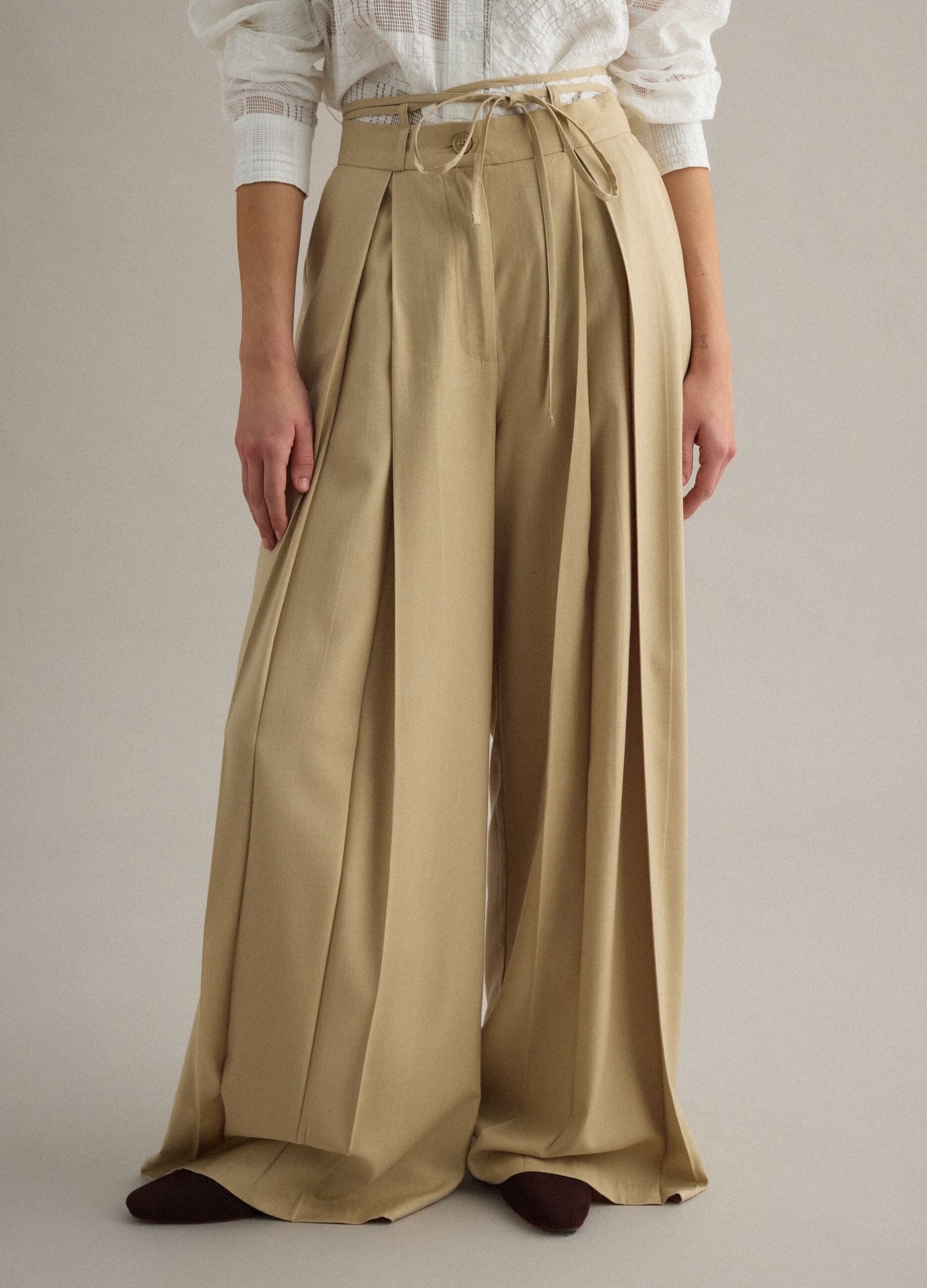 Beige viscose blend flare trousers
