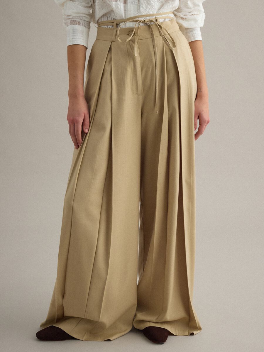 Beige viscose blend flare trousers_1