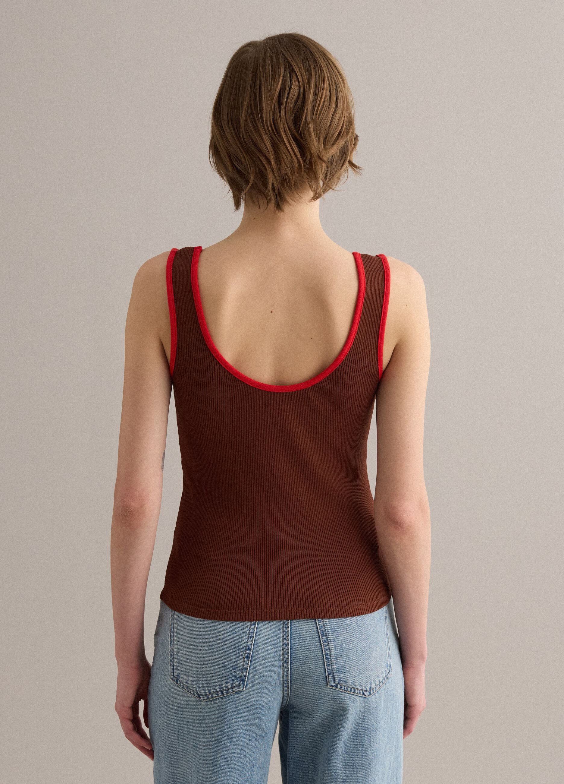 Brown pure cotton ribbed tank top