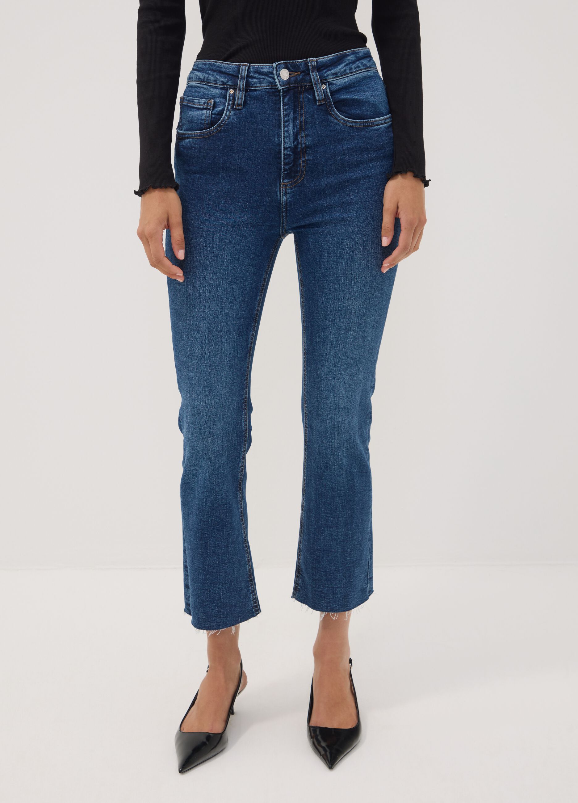 Blue stretch cotton denim flare jeans